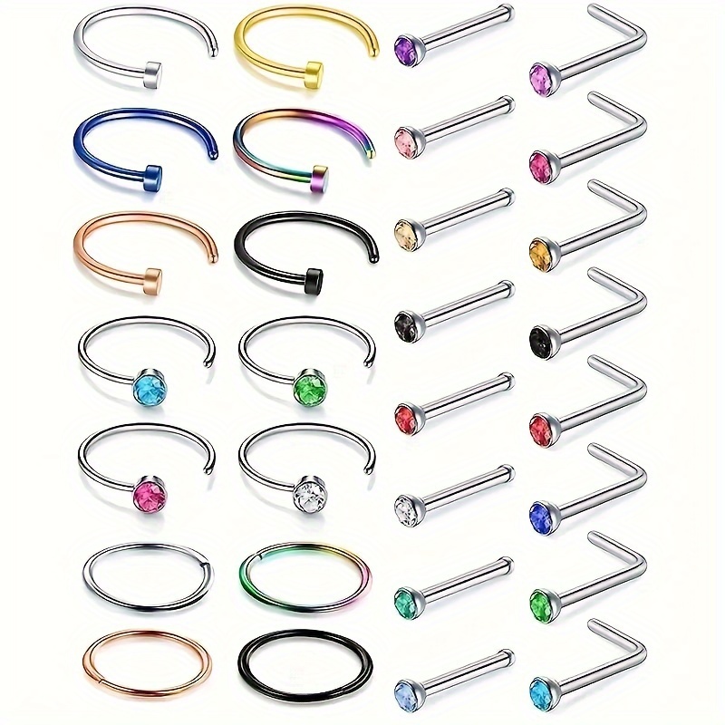 

30pcs Colorful Rhinestone Nose Ring Set - Stainless Steel Body Piercing Jewelry, For Women Daily Wear