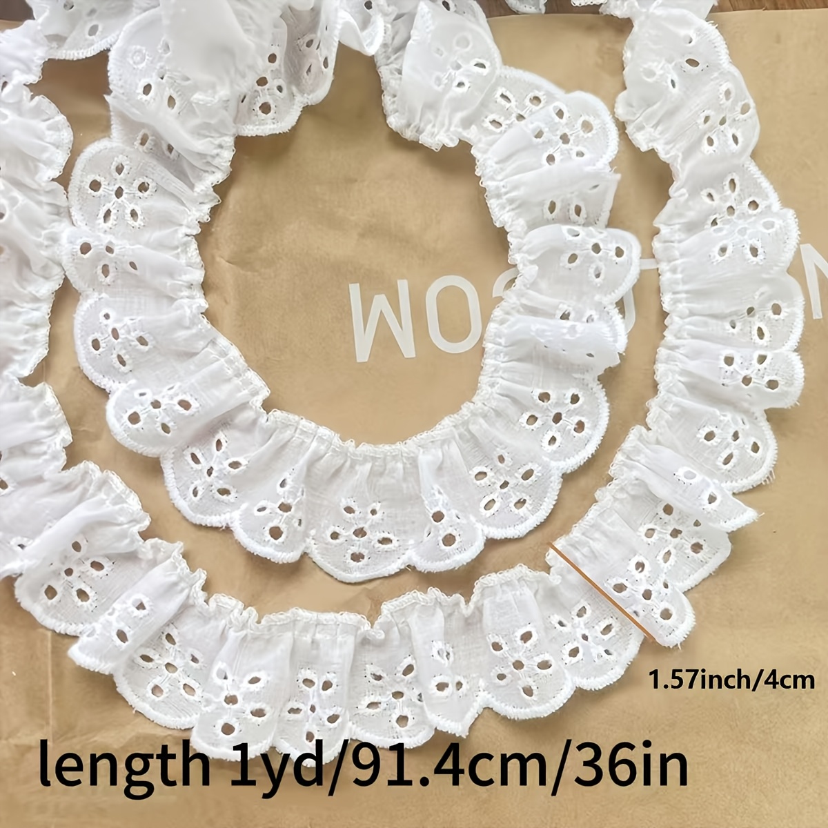TEMU Biais de volants brodés blancs 4 cm avec dentelle à œillets, 1 yard, pour couture, loisirs créatifs, vêtements, robes, décoration