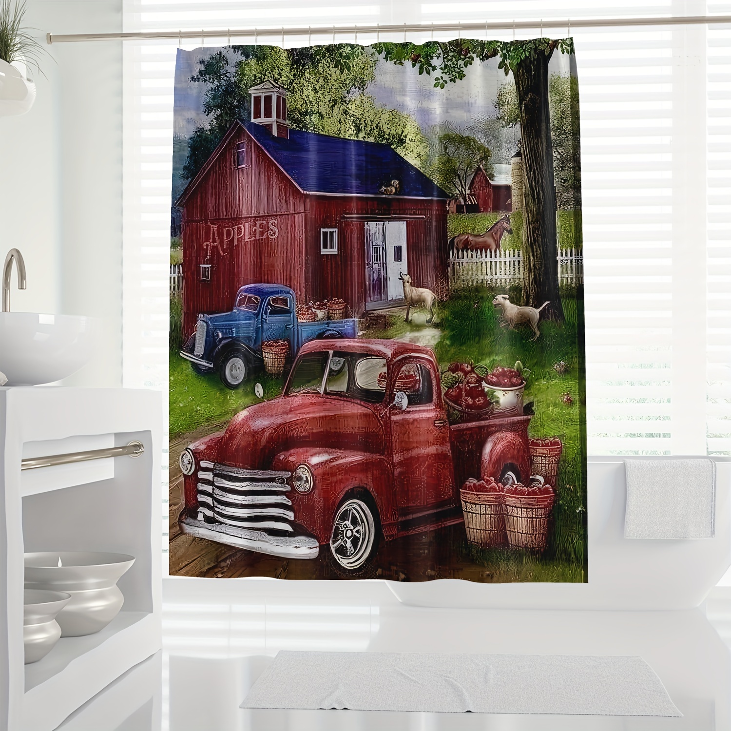 

1pc Rustic Farmhouse Shower Curtain With Vintage Red Truck And Harvest Design, Autumn Scene Digital Print, Bathroom Decor, 70.87x70.87 Inches Waterproof Bath Curtain