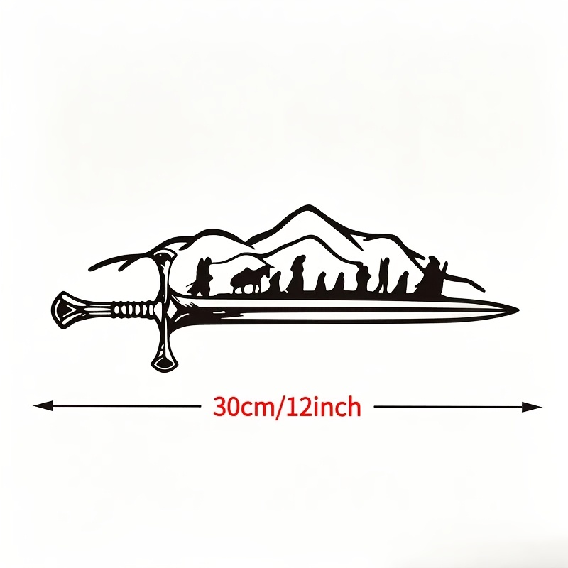 TEMU Metal Wall Art Fantasy Films | Silhouette Of A Sword And Mountain, Matte End - , Home Theaters Or Halloween, Minimalist Adventure Decor