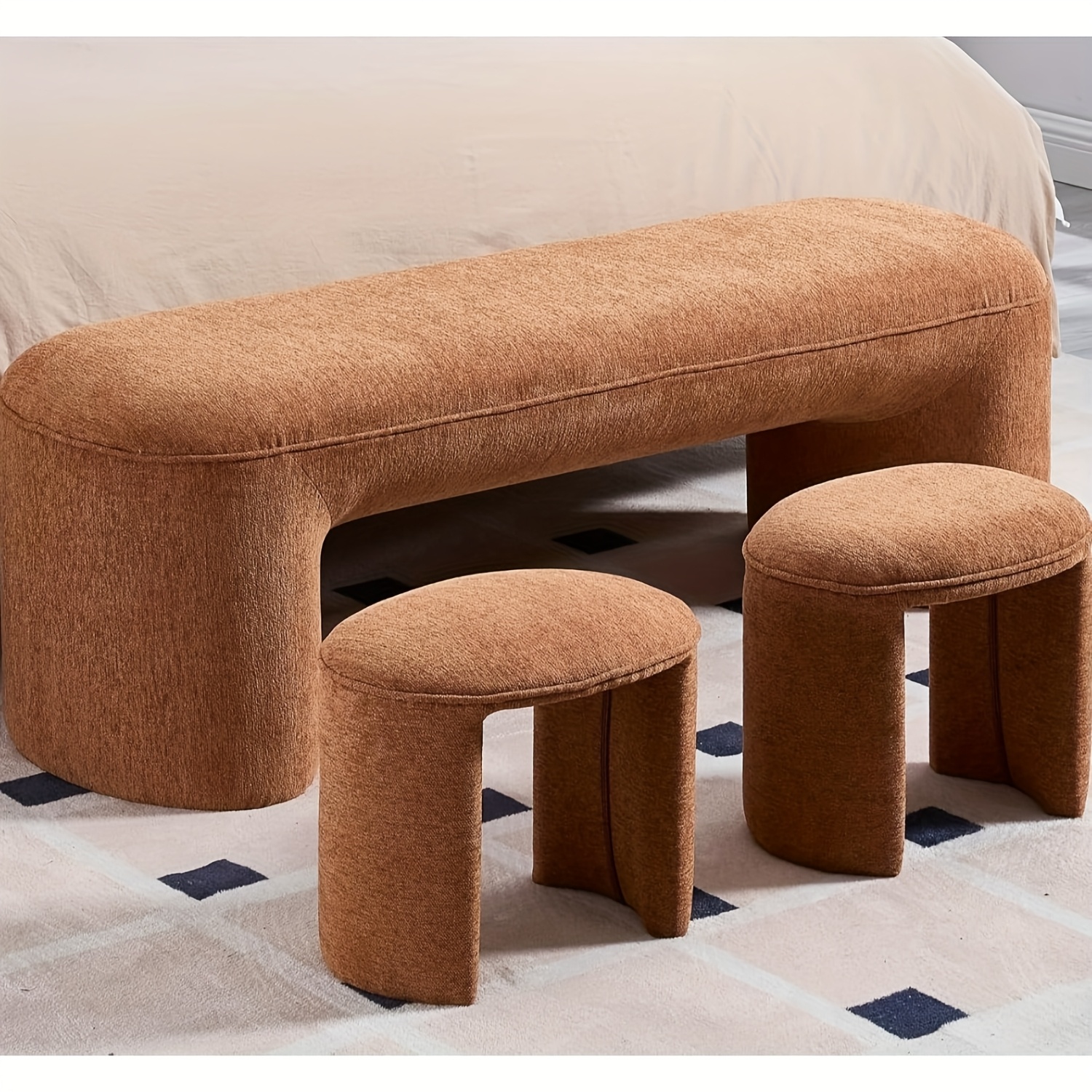 53 Inch Long Bedroom Bench with 2pcs Step Stools, Nesting Ottoman Bench Set, Padded End Of Bed Bench Modern Upholstered Bench for Living Room, Entry, Porch