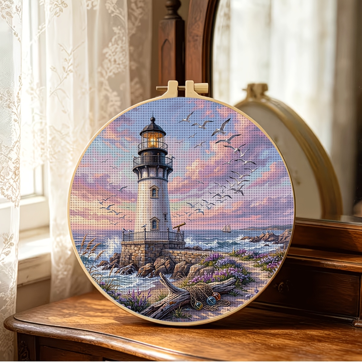11CT Printed Fabric Cross Stitch Embroidery Hoop Kit "Seaside Lighthouse"