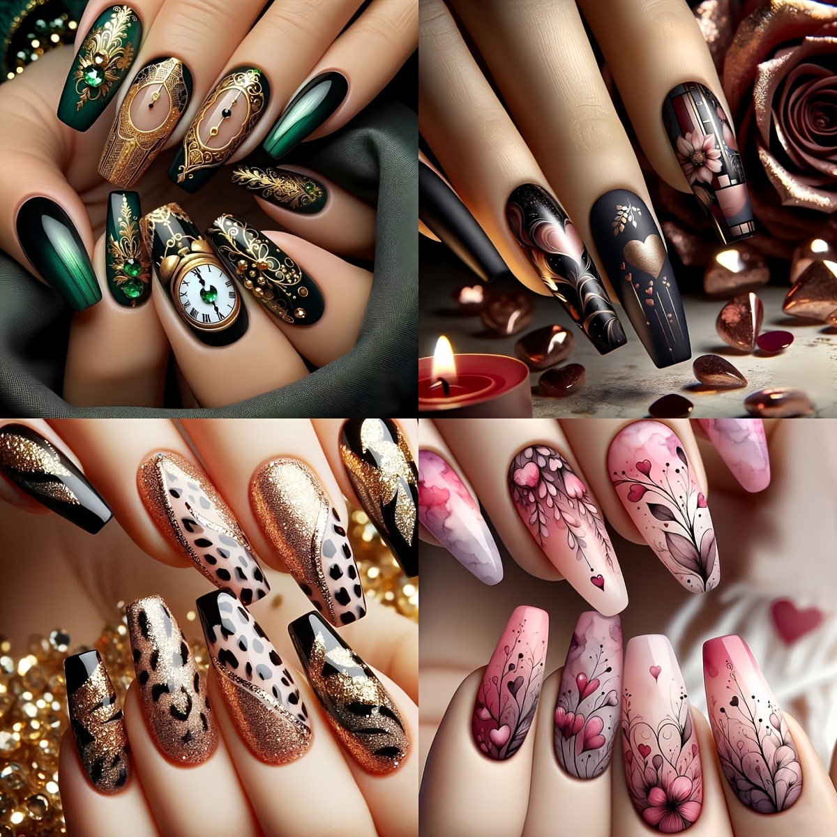 TEMU 96pcs Press On Nails Set, Medium Length, Mixed With Glossy Finish, Vintage Clock, Floral, Leopard Print, And Heart Designs With Glitter Accents,