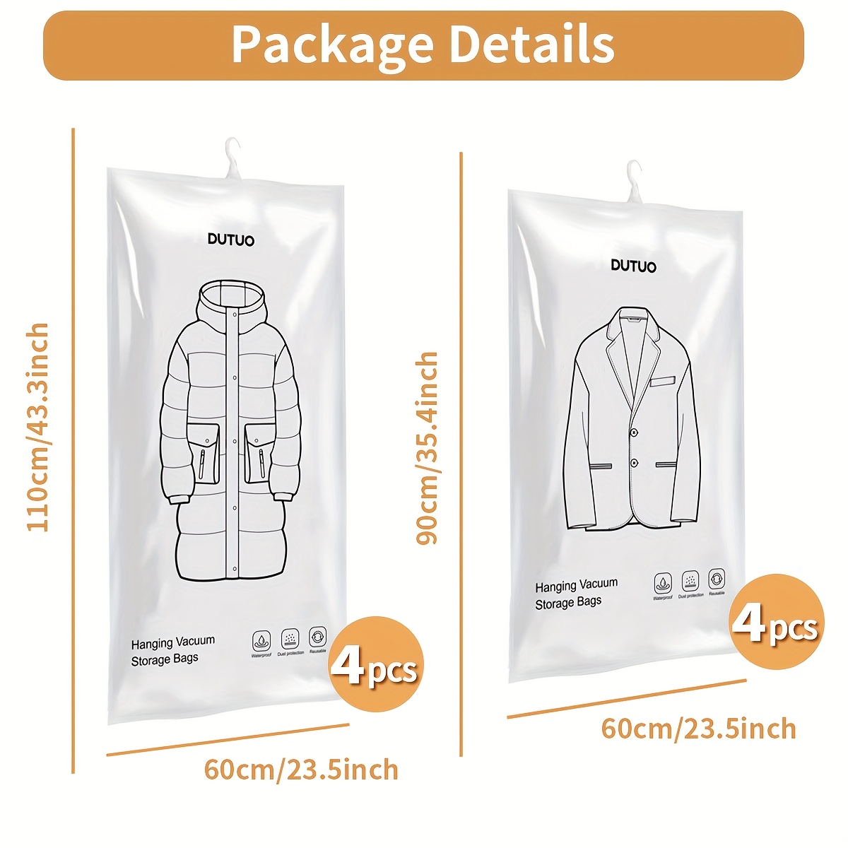 Image of 8 Pack Hanging Vacuum Storage Sealer Bags, Space For Clothes, Suits And Jackets, Closet Organizer Bags, Travel, 8pcs Set (4 Long Bags, 4 Short Bags), White Transparent