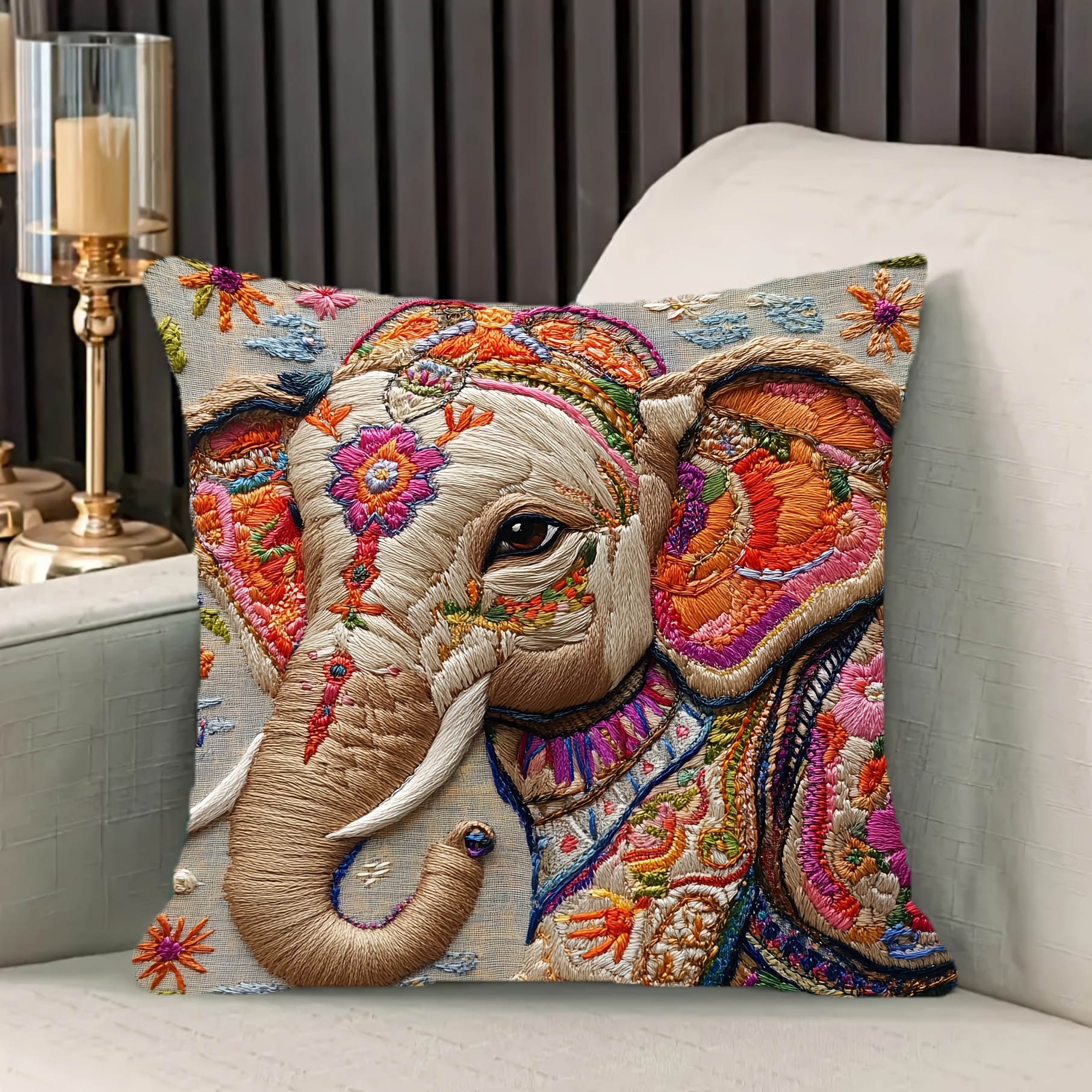 

1pc Contemporary Embroidered Elephant Throw Pillow Cover, 18x18 Inch, Soft Polyester Short Plush, Machine Washable, Zippered, Decorative For Home, Sofa, Bedroom - Cyc5229