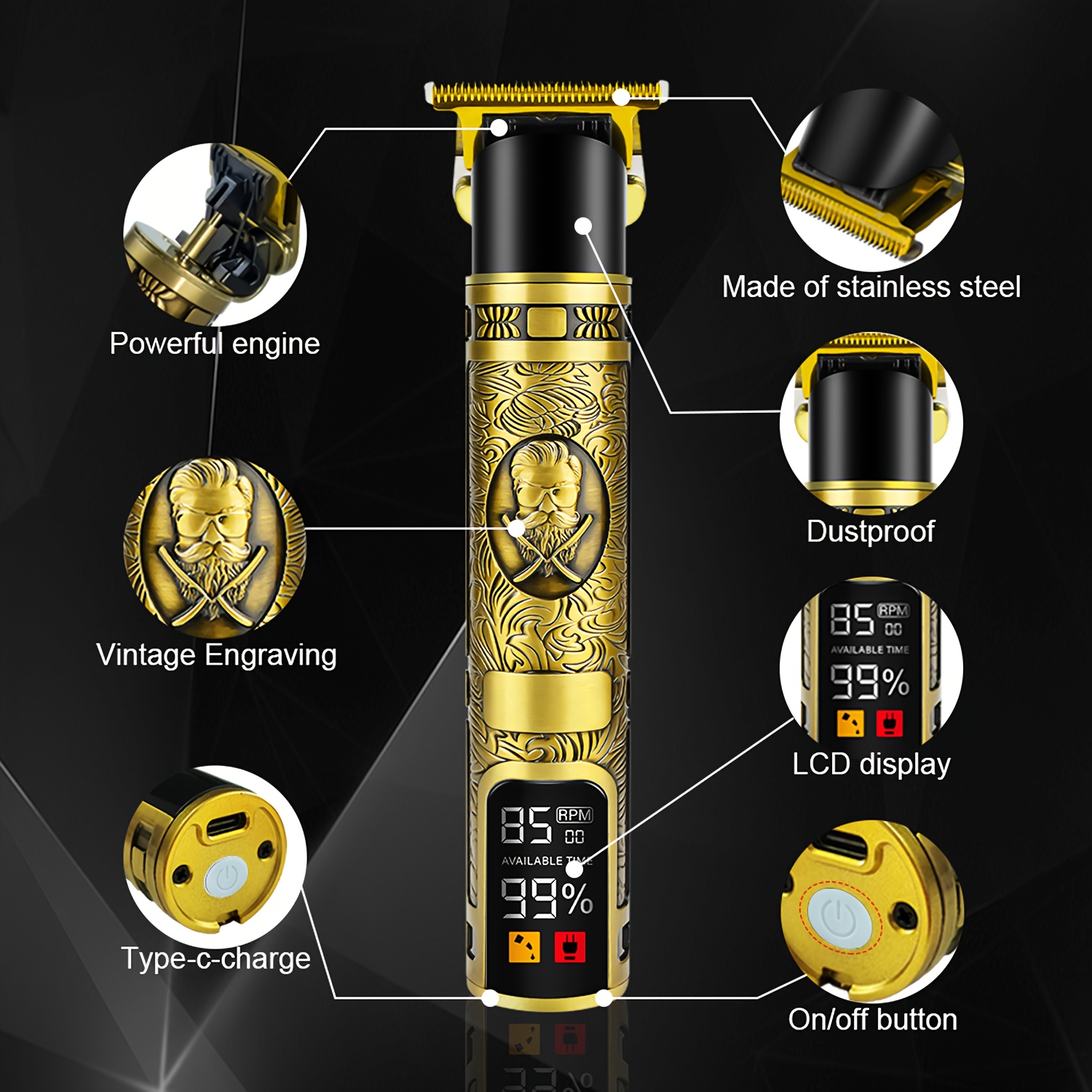 item picture professional mens hair clipper mens electric shaver with led display hair clipper beard trimmer usb c charging wireless long hair trimmer hair beard trimmer set with 6 accessories combs suitable as a gift for male friends