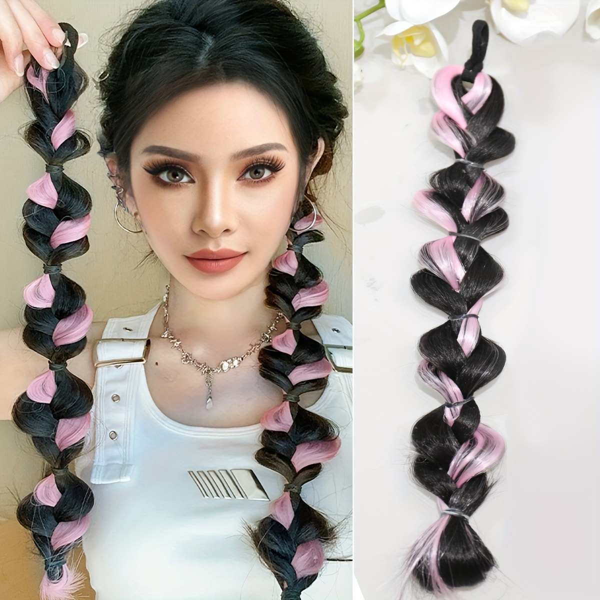 1pc braided ponytail extensions with highlights fashion style twisted   hair extensions ponytail braid   synthetic hair braided ponytail extensions bubble twist braid hair accessories details 0