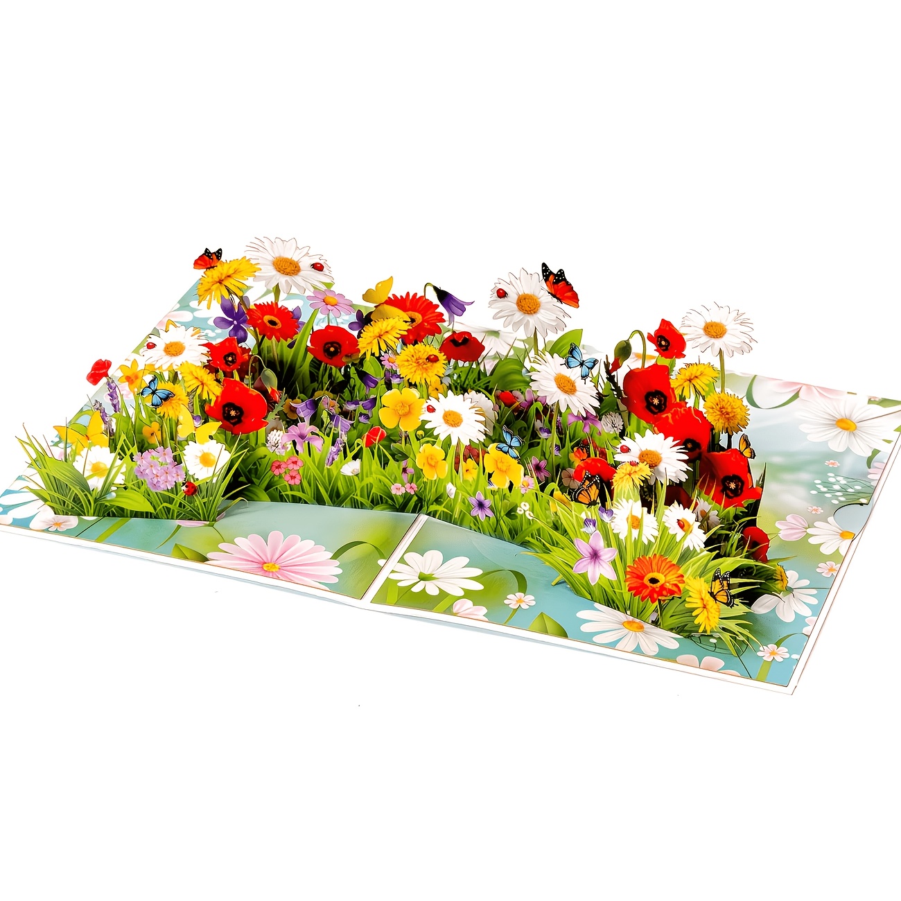 E-shop 3D Garten Grußkarte - Blumenwiese mit Rosen, Gänseblümchen Schmetterlingen - Elegante Geburtstags-/Muttertags-/Jubiläums-/Valentinstagskarte -