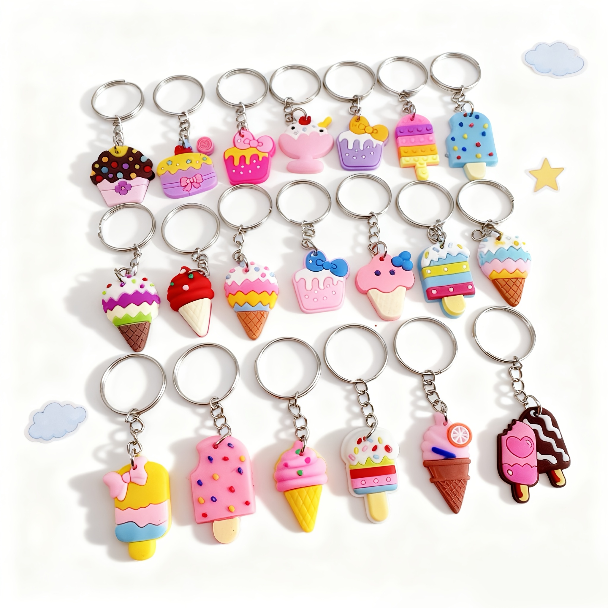 E-shop 2D-flacher, zufällig sortierter 22/55 Eiscreme-Schlüsselanhänger, 2D-dekoratives Anhänger-Geschenk für Familie Freunde, PVC