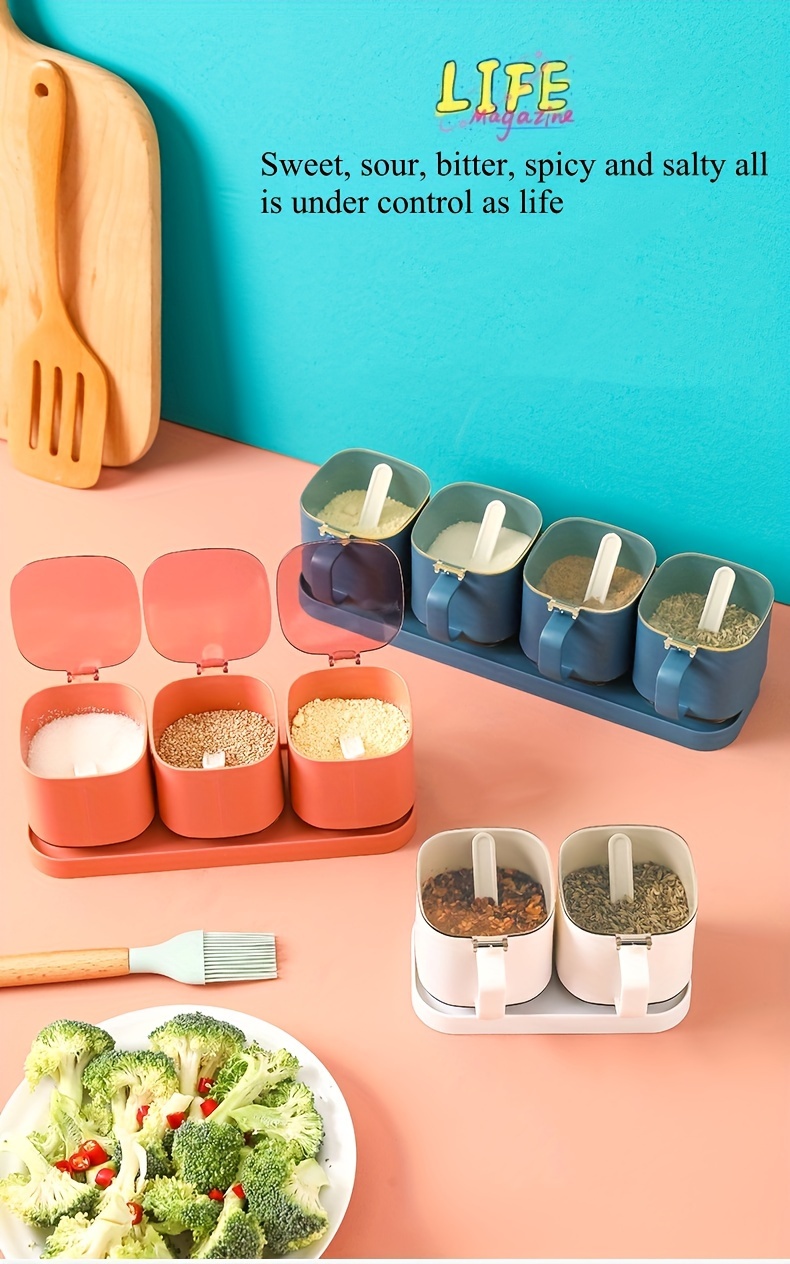 2 3 4pcs set seasoning pot set kitchen spice pot seasoning containers creative monosodium   pot salt and pepper jar with tray pepper containers seasoning storage with lid food storage box with spoon kitchen stuff kitchen accessories Product details 1