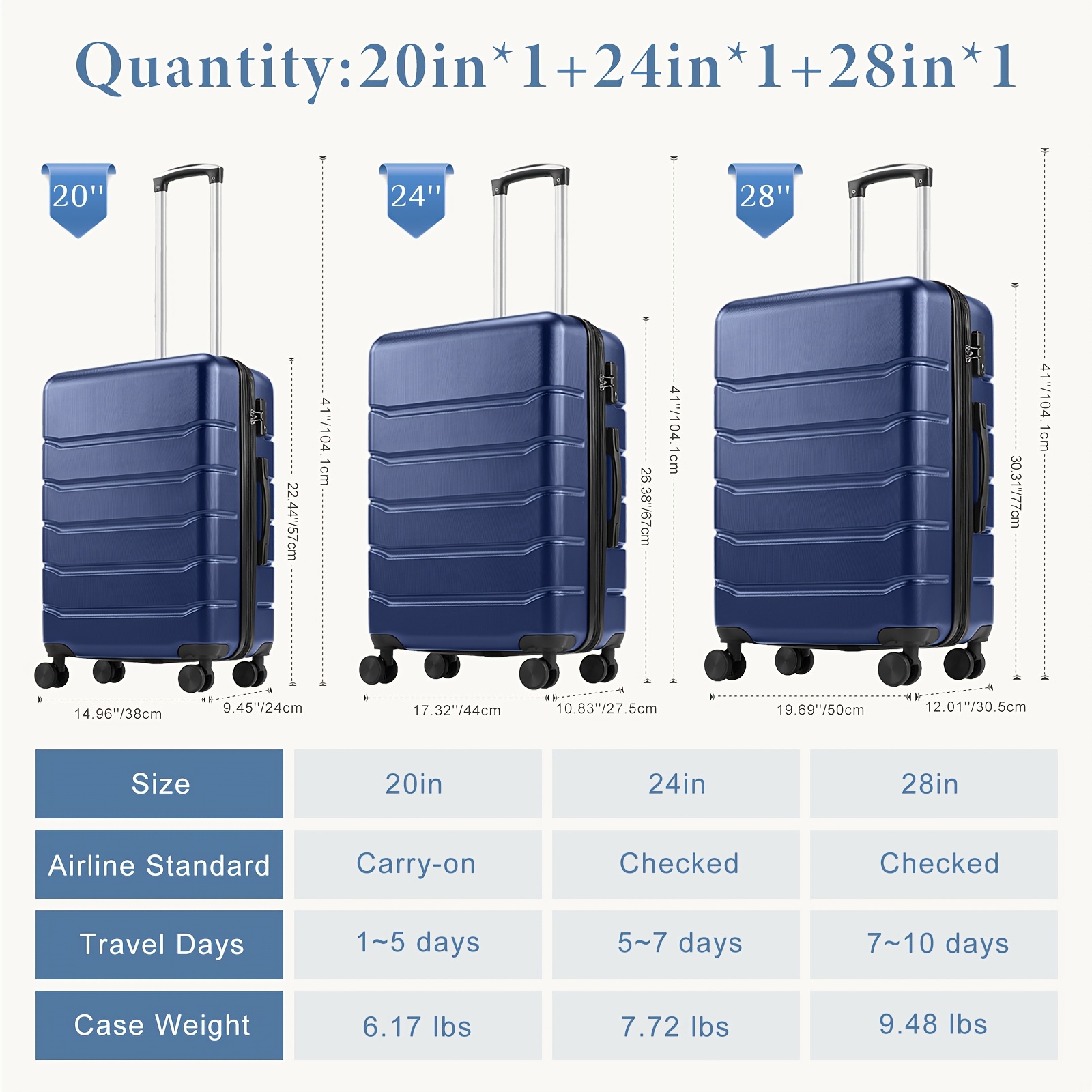 OUZZO Equipaje, Juegos De Equipaje De 3 Piezas, Equipaje De Mano De Viaje, Equipaje De Lado Duro Con Ruedas Giratorias, Maletas De 20/24/28 Pulgadas Con Protectores De Esquina, Tamaño De Transporte