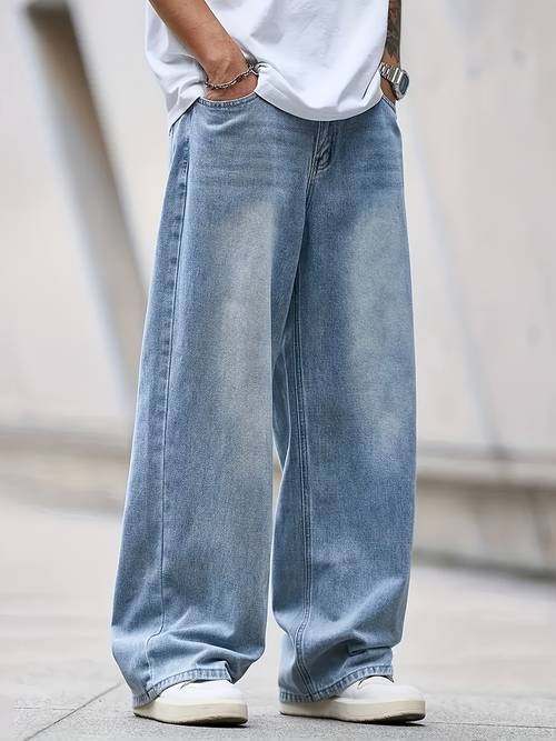 mens loose fit washed denim casual loose straight jeans casual and versatile