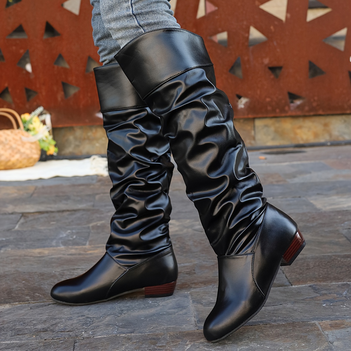 womens solid boots pull chunky heel high knee Temu
