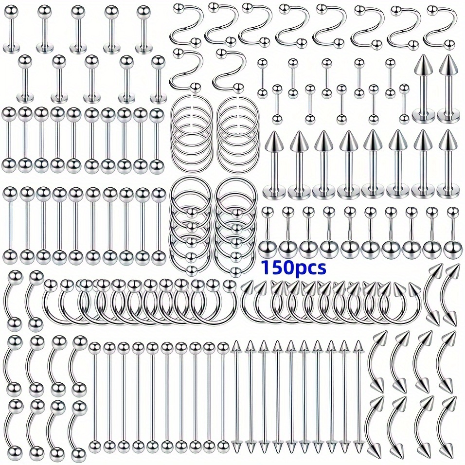 Stainless Steel Hip-Hop Inspired Body Piercing Kit - Versatile Nose, Belly, Lip &amp; Eyebrow Rings Set for Women