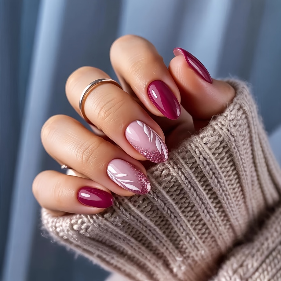 TEMU Un set de 24 uñas postizas medianas con diseño de hojas de rosa, con parches de uñas brillantes y desmontables
