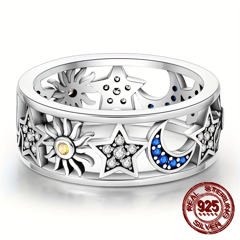 925 Silver Sun Moon Star Hollow Zirconia Ring Eid Ramadan Gift
