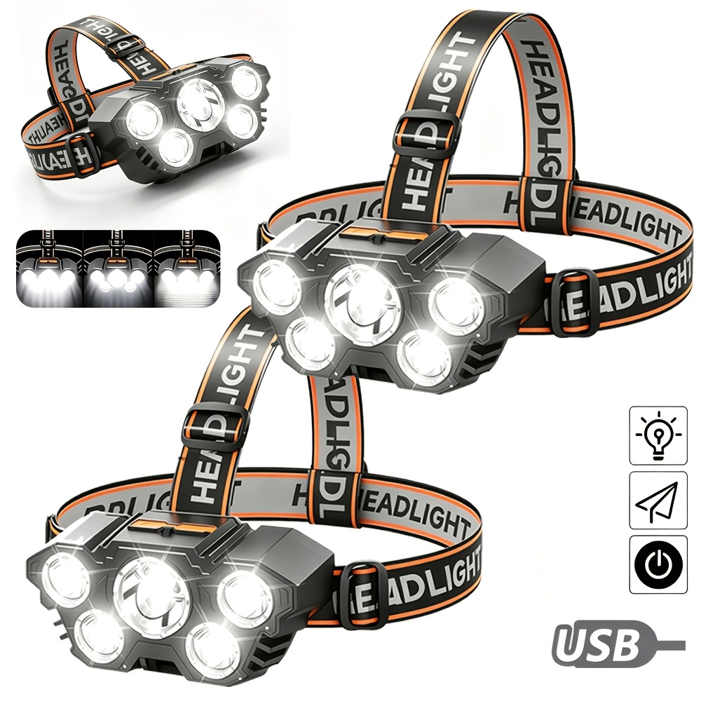 TEMU 2pz Lampade LED Ricaricabili, Ultra Luminose a 5 LED, 4 Modalit� a Scelta, Lampade e Torce Ricaricabili via USB, Fascia Regolabile, Ideali per