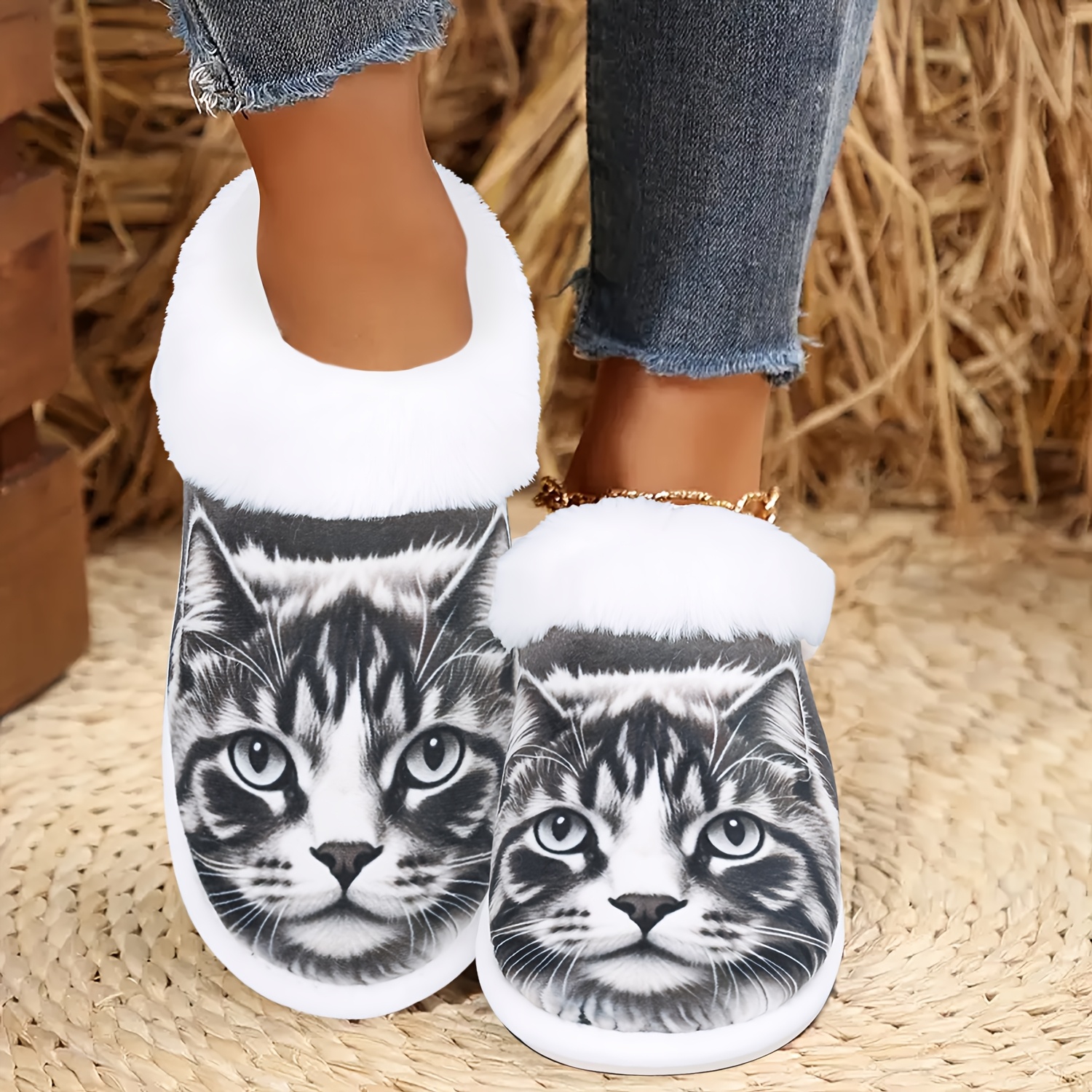 

Casual Animal Print Cat Slippers, Cozy Flannel Indoor/outdoor House Shoes, Soft Memory Foam, Non-slip , With Comfort Footwear For Cat Lovers