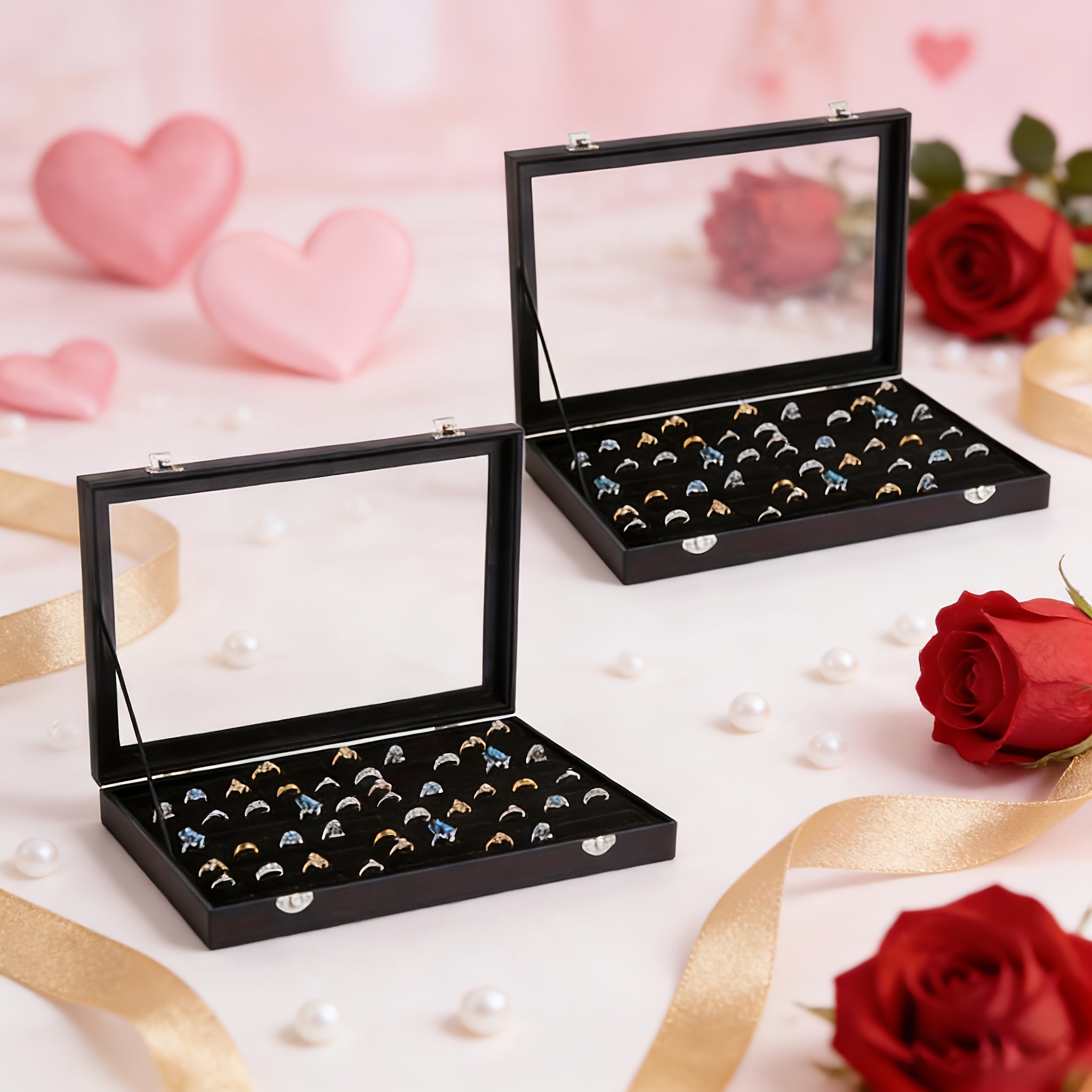 TEMU Set Of 2 Synthetic Leather Ring, Earring, And Necklace Storage Boxes - Spacious Jewelry Organizer With Clear Lid For Earrings And Necklaces,