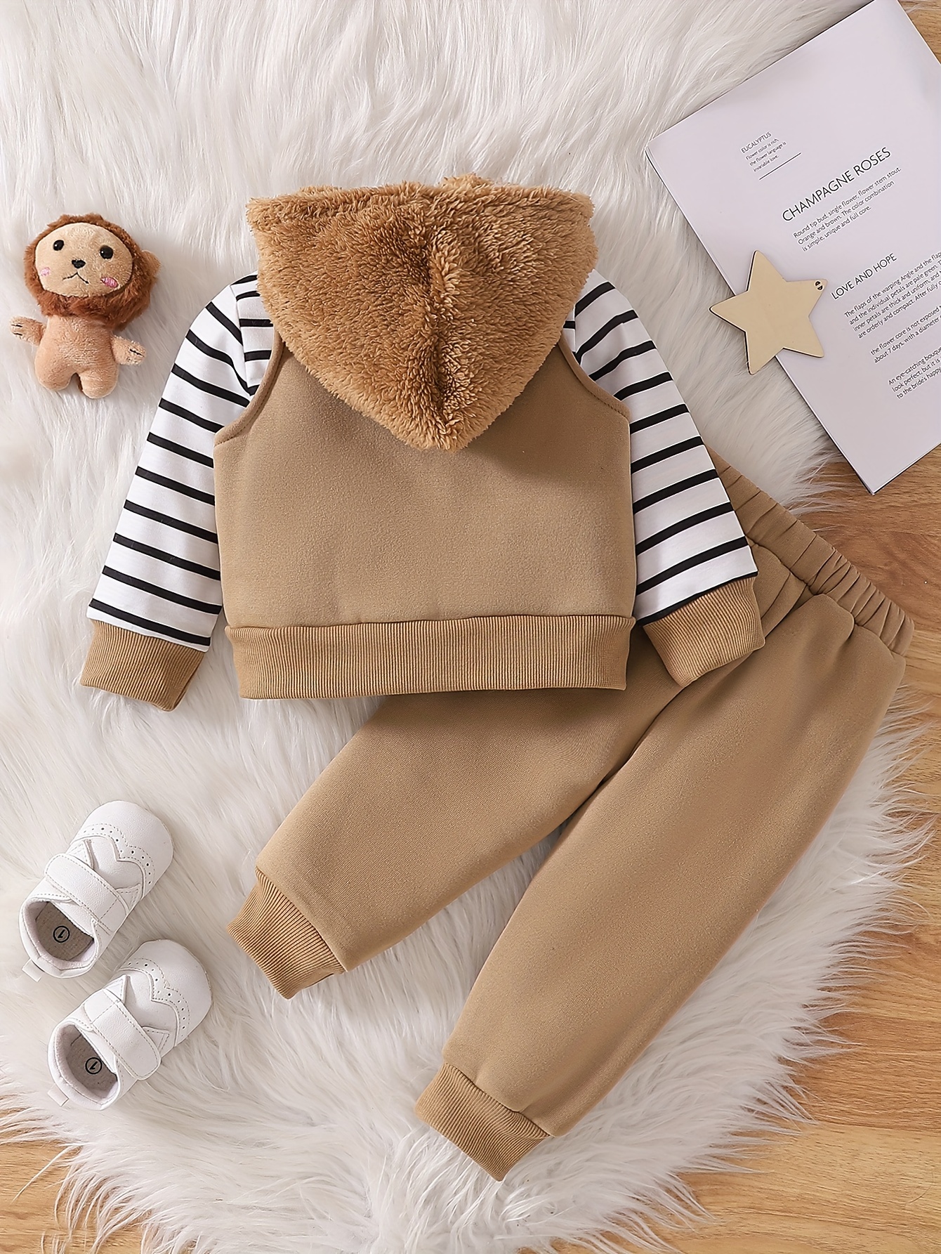 3pcs baby boys cartoon lion embroidery sportswear set cute hooded jacket and sweatpants outfit with long sleeve pullover polyester and spandex knit for autumn winter for outdoor Product details 6