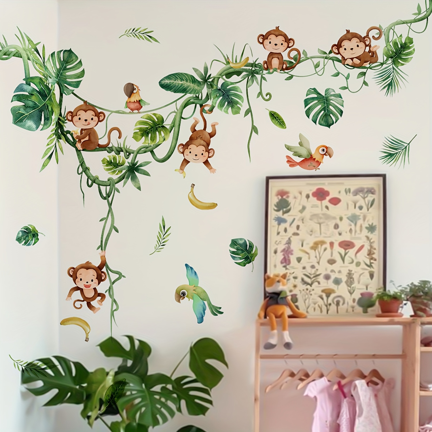 4pcs Of Plant Monkey Wall Stickers, Home Wall Decals For Family Bedrooms And Living Rooms