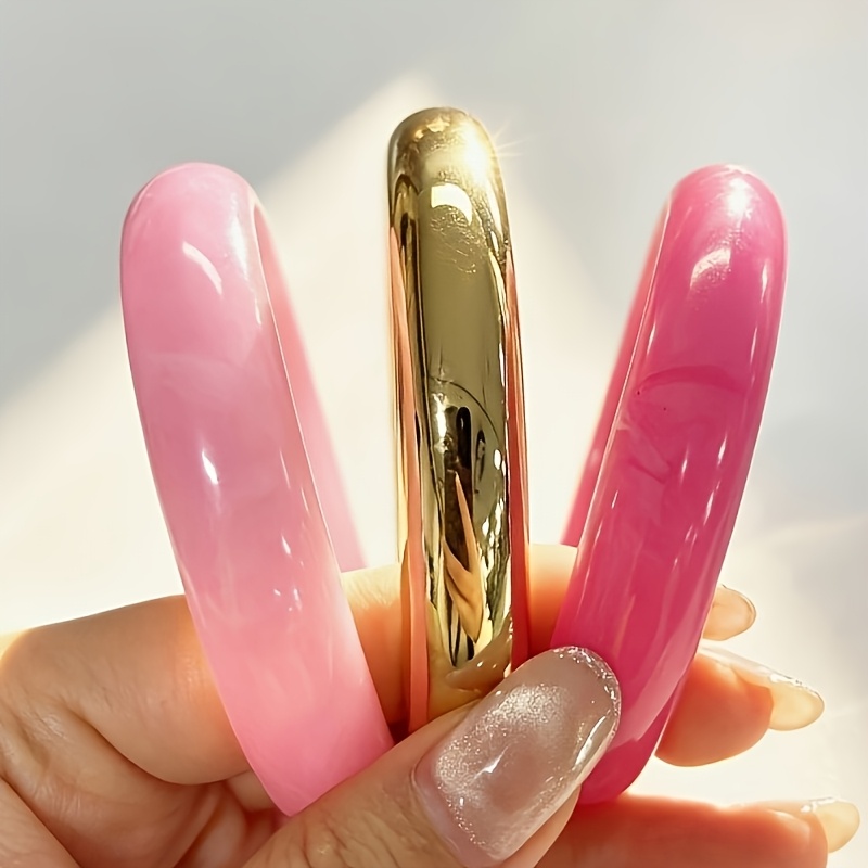 TEMU 3pcs Set Of Retro Easy Casual Women's Round Golden Ccb And Pink Acrylic Bracelets, Suitable For Daily Wear And Summer Beach Vacation, Stackable,