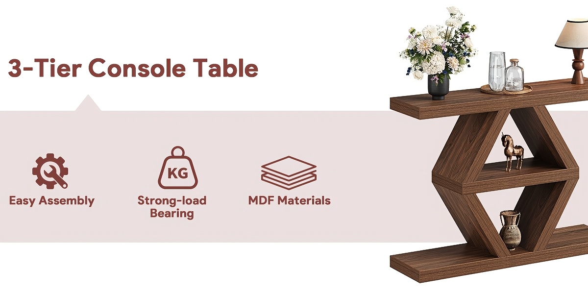 3 Tier Farmhouse Console Table for Entryway, Wooden Sofa Table Behind Couch with Storage Shelves, 39.4 Inch Narrow Rectangular Hallway Table, Rustic Foyer Table for Living Room Decor, Walnut End
