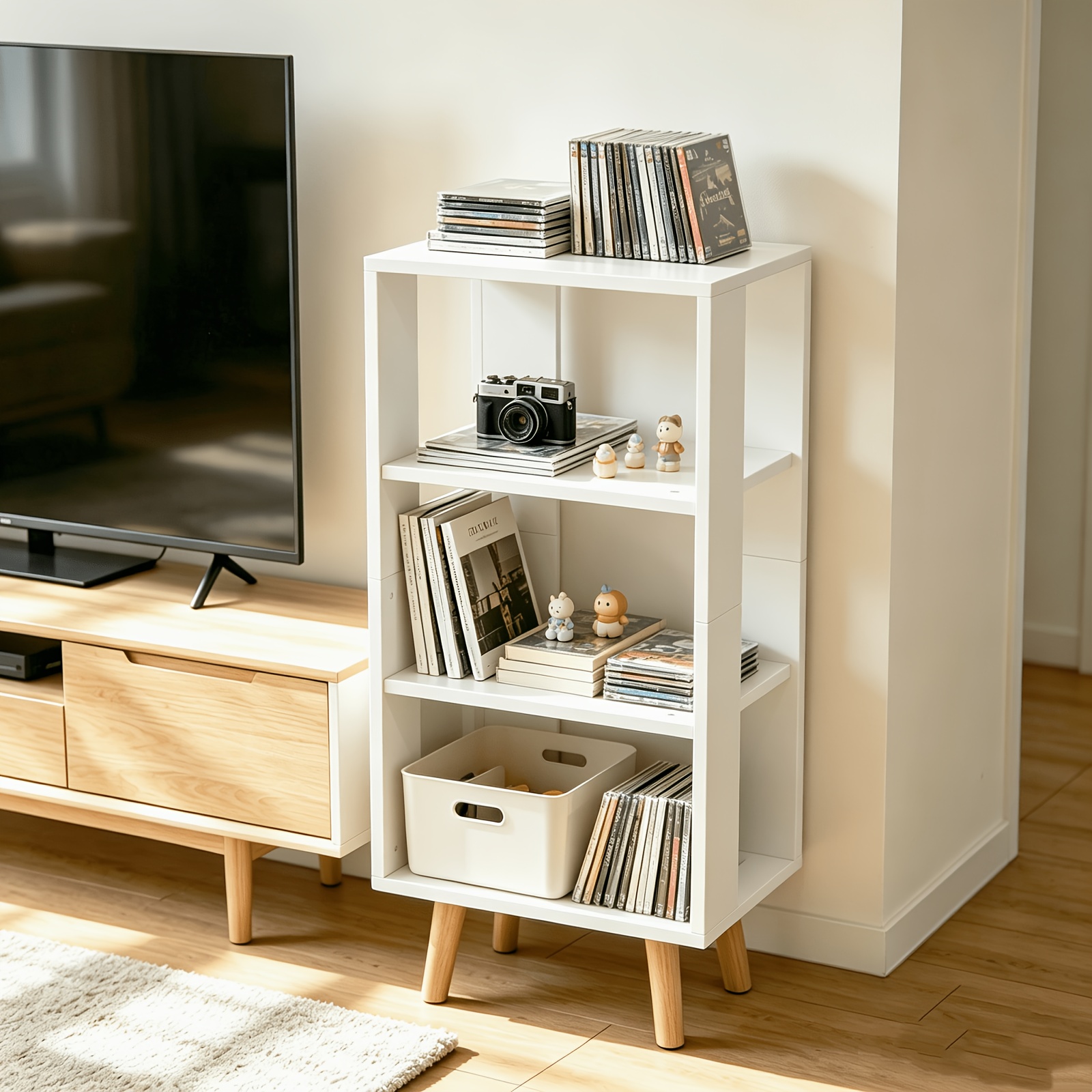 Coffee Table, Console Table, Couch Table With 3 Open Shelves, Wooden Legs, 40x30x87.5cm, Load Capacity 30kg.