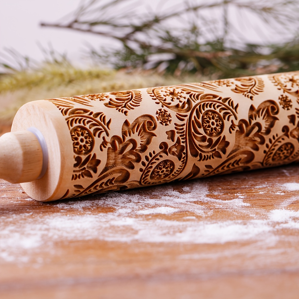 TEMU 1pc Wooden Christmas Embossed Rolling Pin, Engraved Christmas Flower And Leaf Pattern, Great For Cookie Cake Baking And Home Decoration,