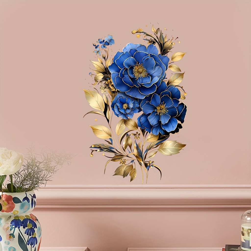 Peony & Blue Floral Vine Wall Decals - Self-adhesive, Crystal Embellished Stickers For Bedroom, Living Room, And Tv Background Decor