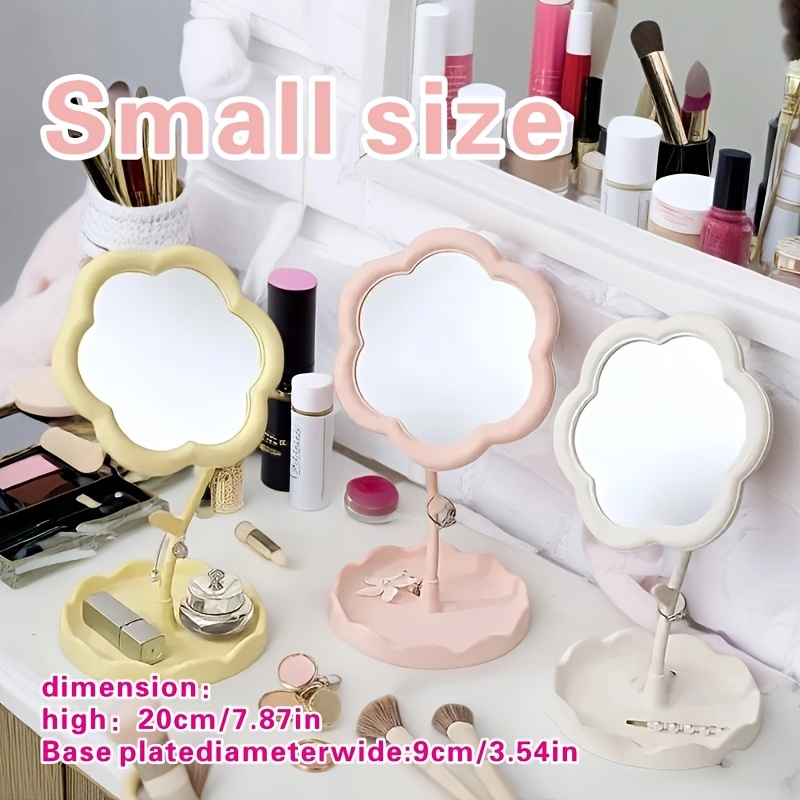 

1pc Floral Sunflower Vanity Mirror With Jewelry Tray - Adjustable Desktop Makeup Mirror, White & Pink, No Battery Required, Plastic Frame, Polished , Glass Surface, Bedroom Decor