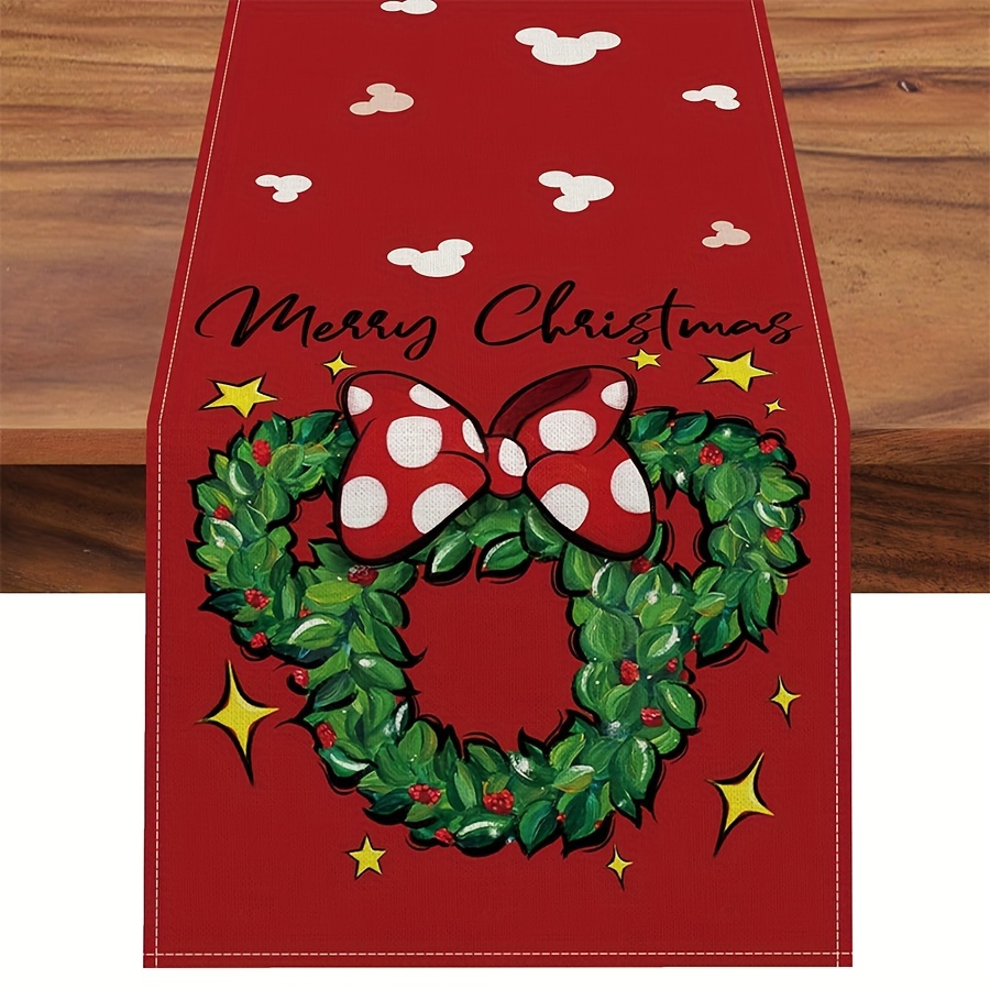 Christmas Linen Table Runner Mouse Wreath Design Red Temu
