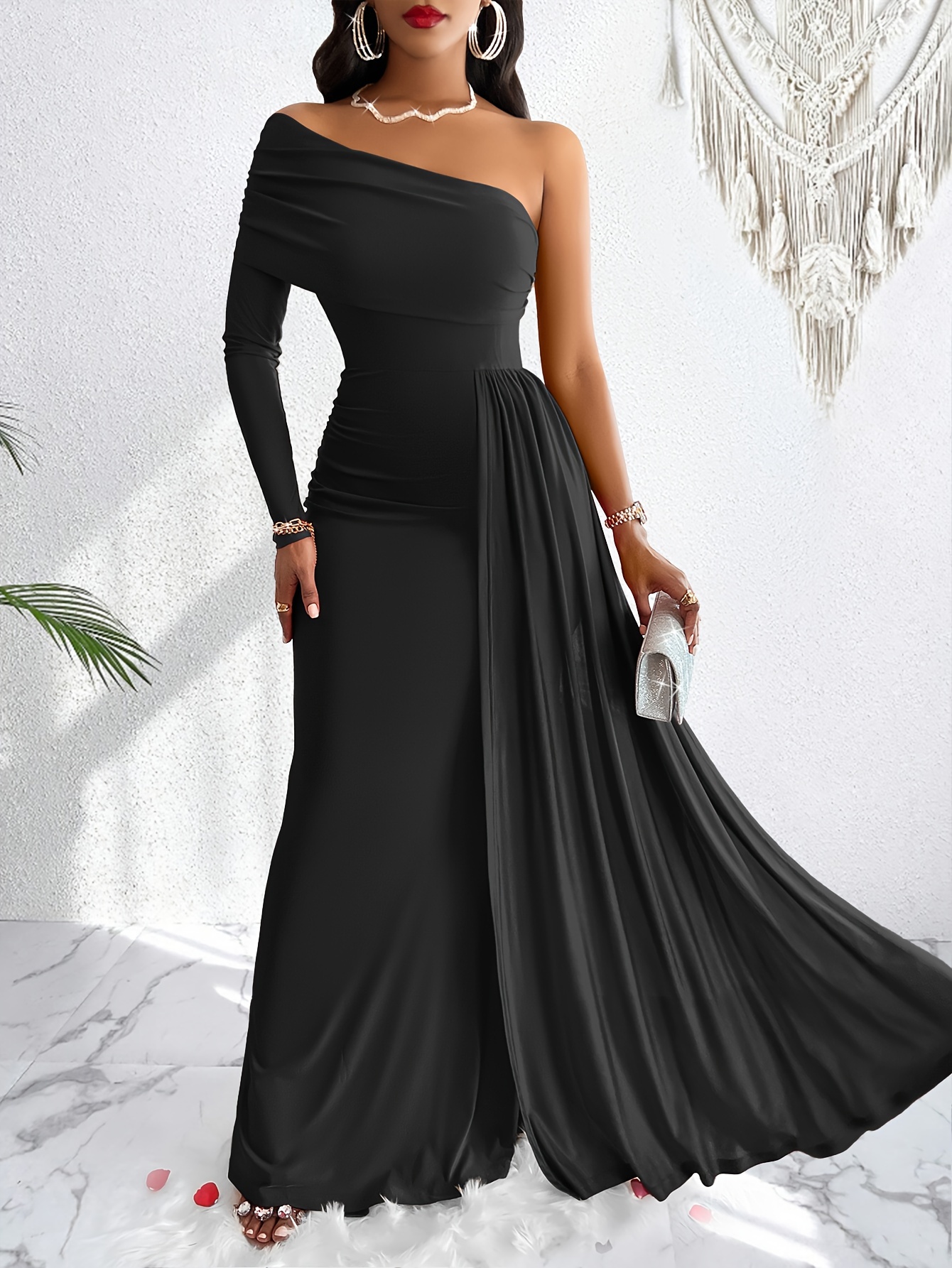 one shoulder asymmetrical flowy dress elegant ruched maxi - Temu