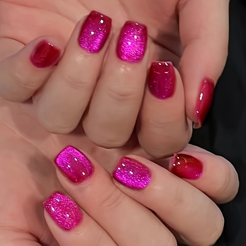 TEMU 30pcs Dragon Fruit Cat Eye Short Square Press-on Nails, Glue Type False Acrylic Gel Artificial Stick On Tips For Women