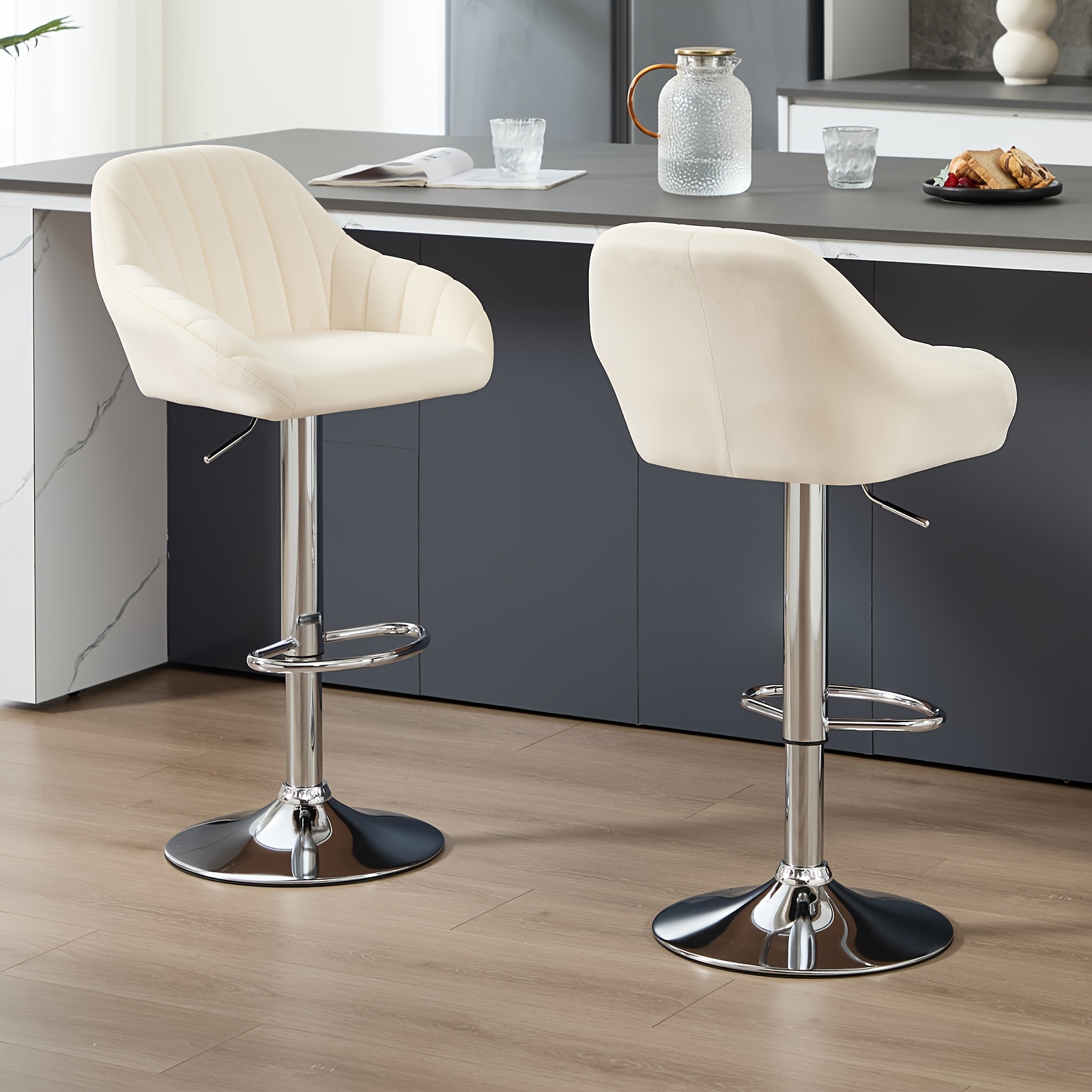 Modern Stools Set Of 2, Adjustable Upholstered Breakfast Stools With , Swivel Kitchen Counter Stools For Kitchen Island, Dining Room & Bar
