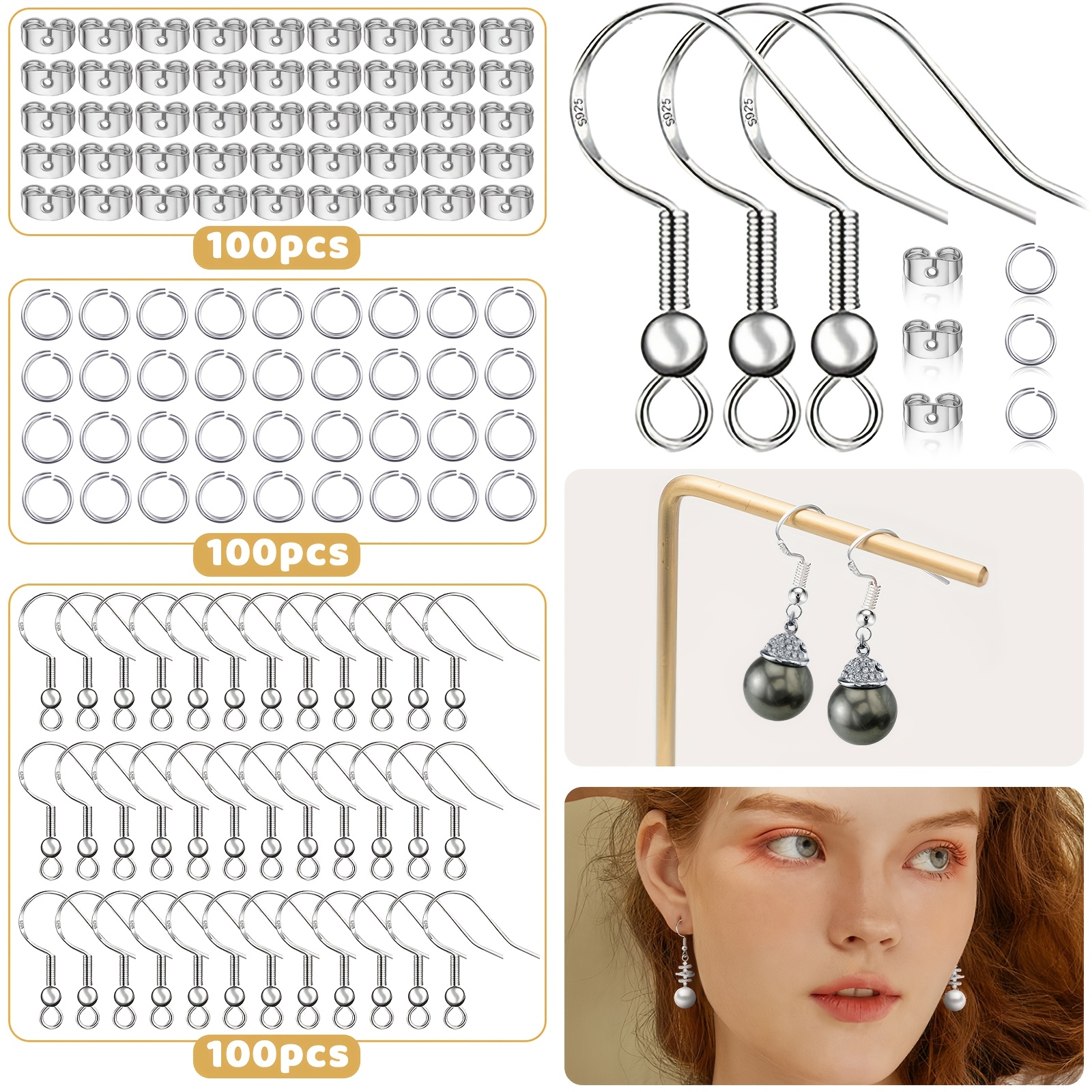 TEMU Hypoallergenic Earring Making Kit, With 100pcs/50 Pairs 925 Silver Plated Ear Wires Fish Hooks, 100pcs Jump Rings And 100pcs Ear Backs Stoppers