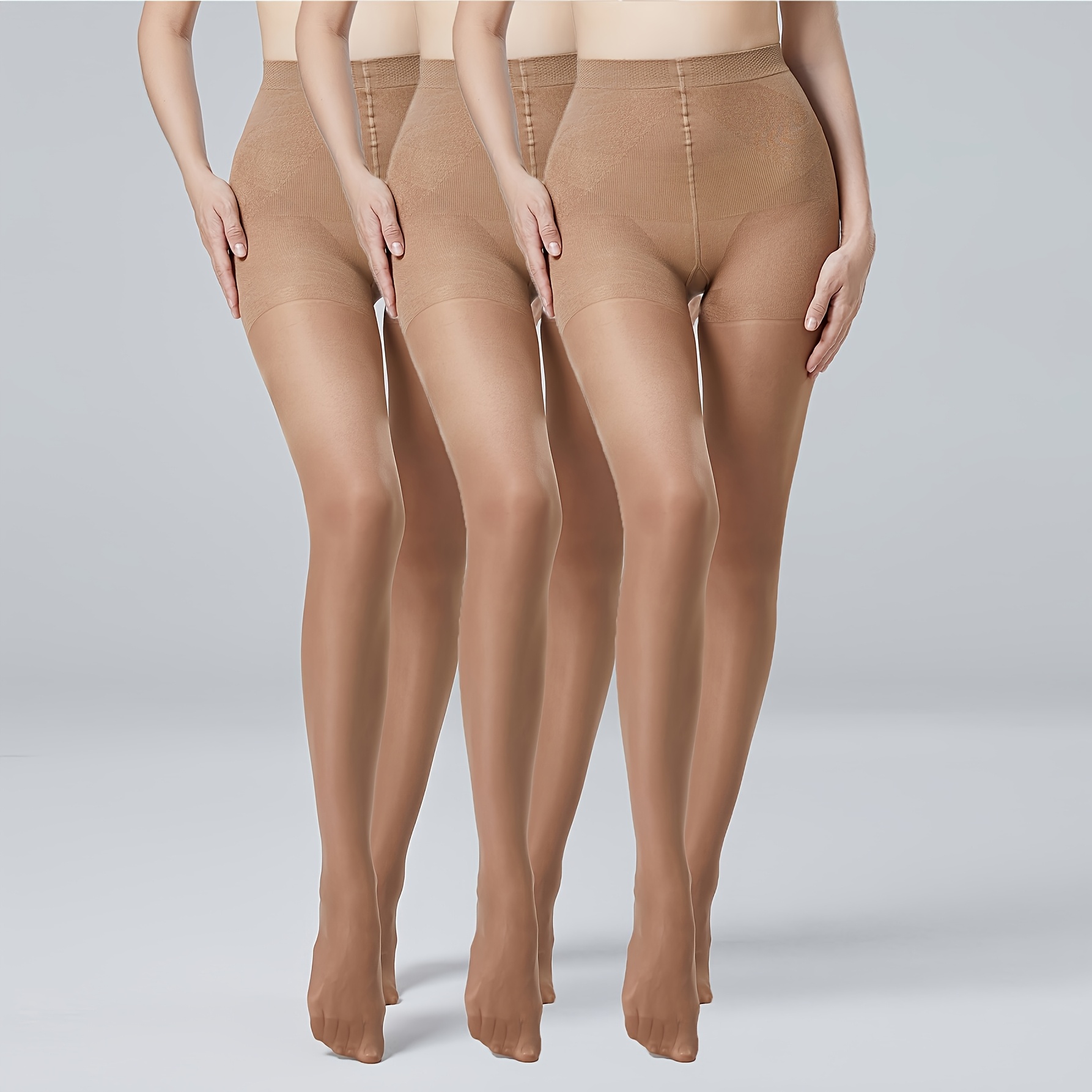 TEMU 3-pairs Women's Tummy Control Lift Sheer Pantyhose - Enhancing Shaping Stockings With Lifting Technology, Solid Color Suitable For Daily Wear,