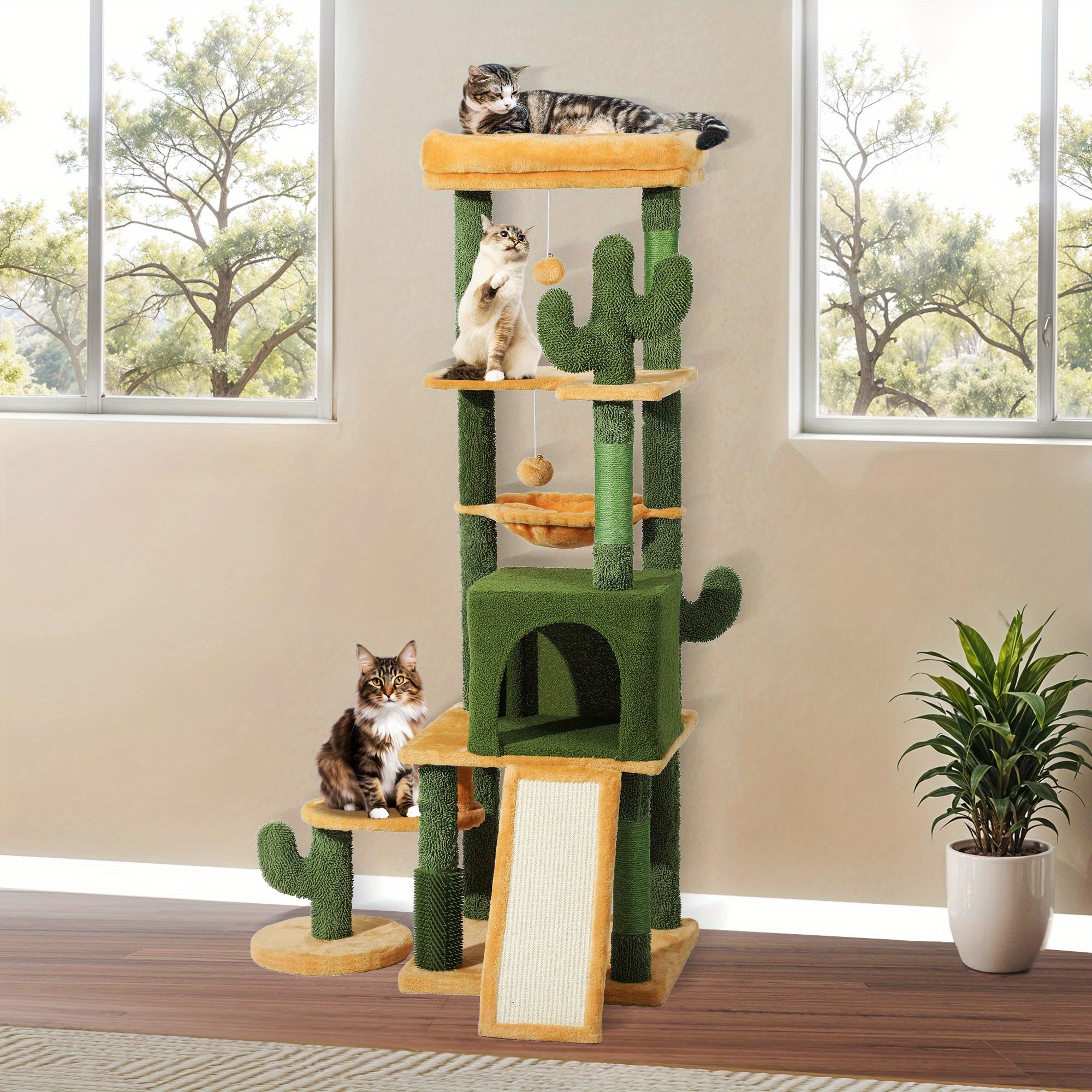 

Cactus Cat Tree, Multi- Level Tall Cat Tower For Indoor Cats, Large Cat Condo With Plush Platform, Hammock, Scratching Posts, And Dangling Balls For 2-