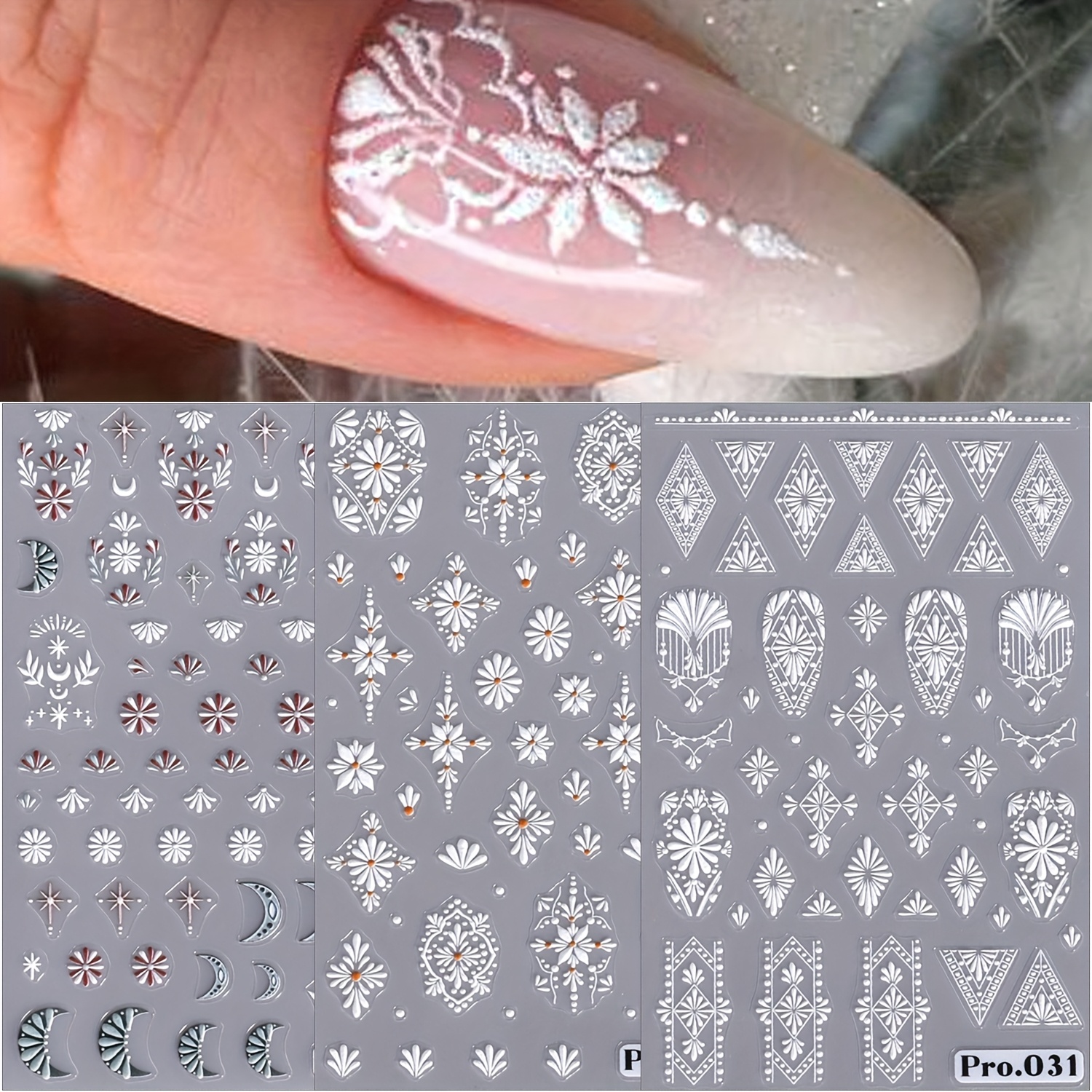 Image of Set Of 3pcs Of 5d Bohemian Embossed Nail Decals - Featuring A White, Colorful, And Elegant Mandala , Perfect For Spring And Summer For Women