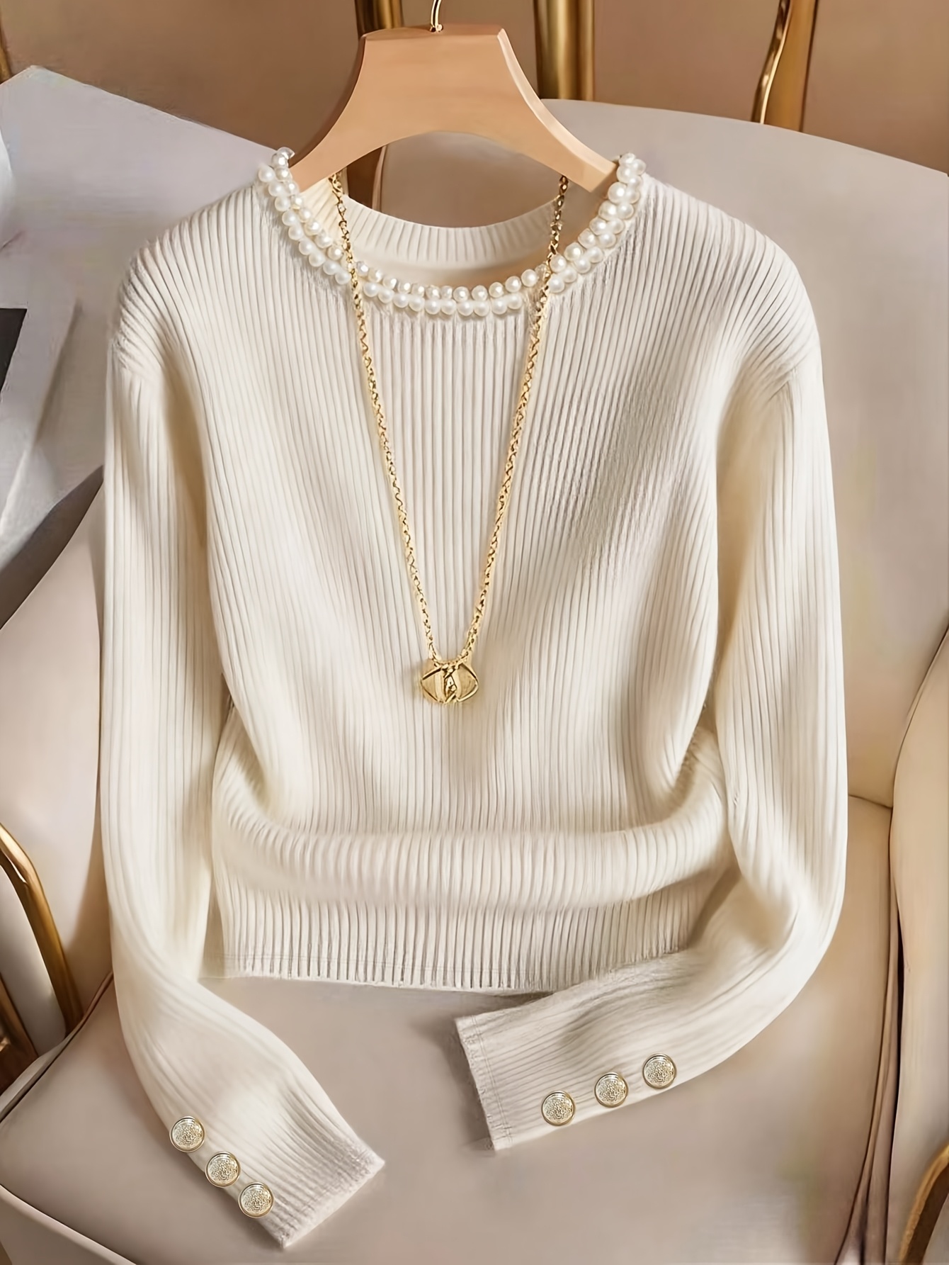 Women's Elegant Faux Pearl Beaded Button-Front T-Shirt - Slim-Fit Long Sleeve Round Neck Blouse-Compatible Top | Machine Washable Spring Summer Solid Color Shirt Suitable for Casual & Dressy Wear
