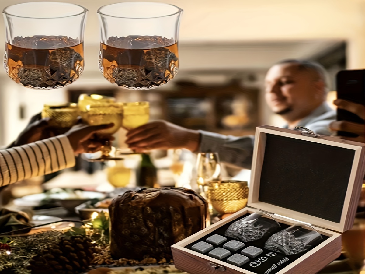 deluxe whiskey stones gift set with engraved glassware reusable granite ice cubes holder   storage bag drawstring pouch ideal for fathers day anniversaries birthdays whiskey glasses details 4