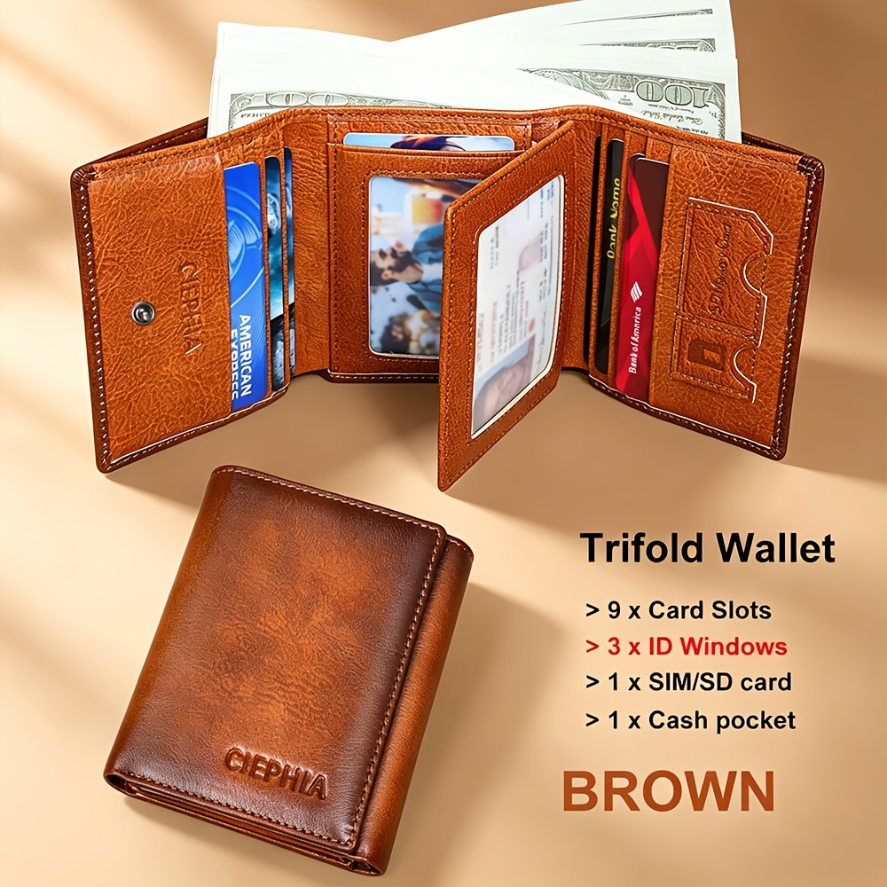 Image of Men's Genuine Leather Trifold Wallet | Cowhide Rfid Blocking Vintage Wallet With Multiple Card Slots, Money Clips | Ideal For Valentine's Day, Christmas, Father's Day Gifts
