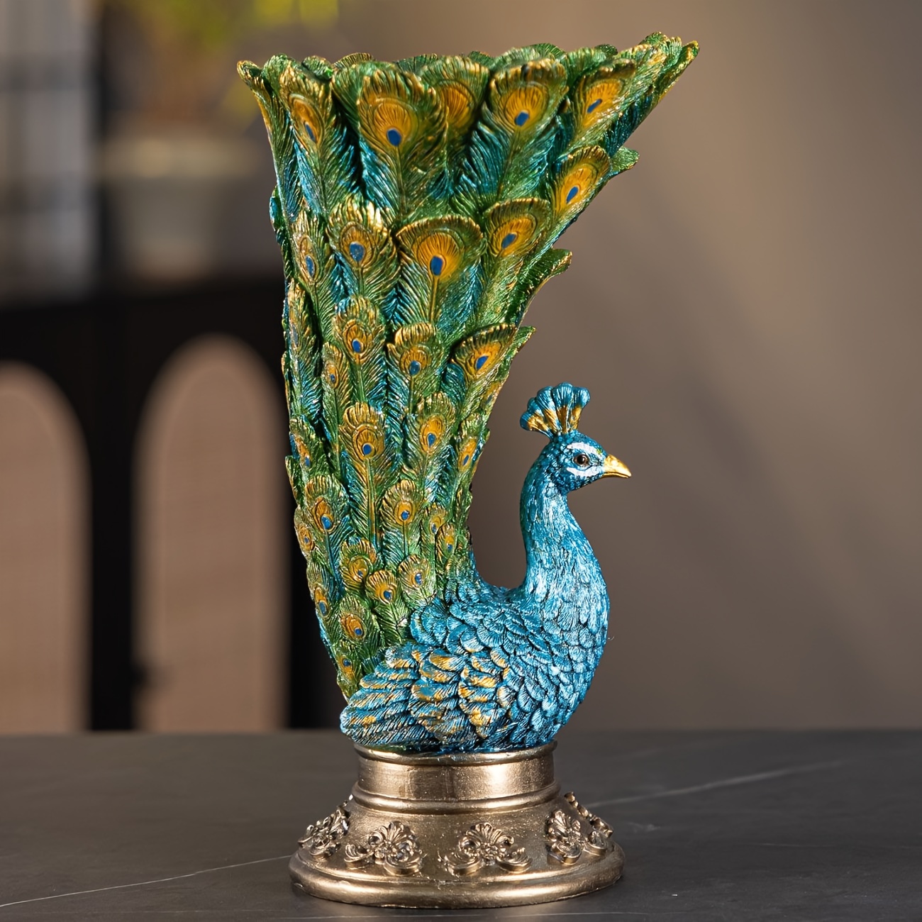 Image of Light Luxury Peacock Vase Resin Ornament, European Relief Base Desktop Illustration Art Gift Wealth And Fortune Mascot