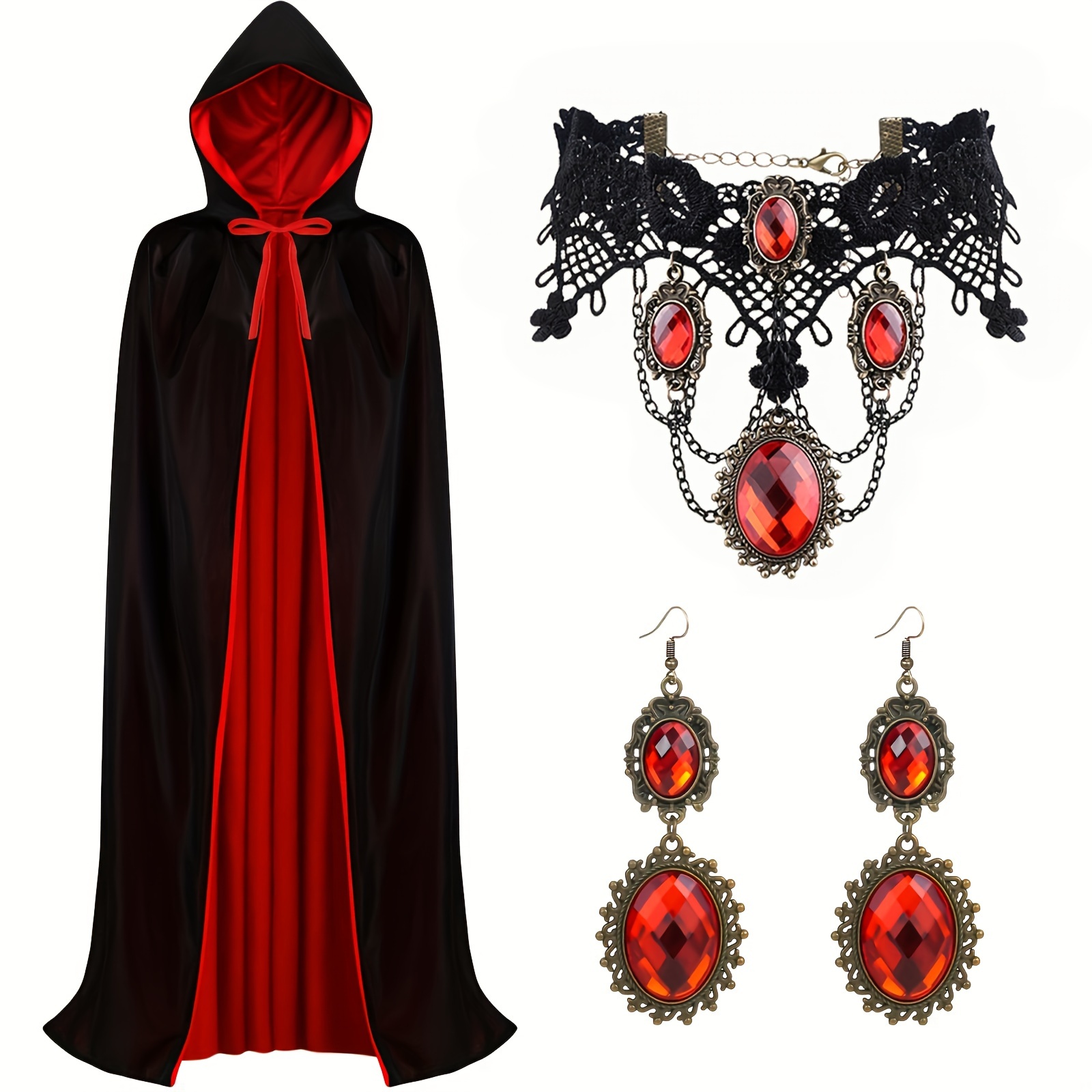 

3pcs Costume Set, Black And Red Reversible Hooded Cape With Earrings And Necklace, Polyester, Cool Stylish, For Men Women Adult Masquerade Vampire Cosplay