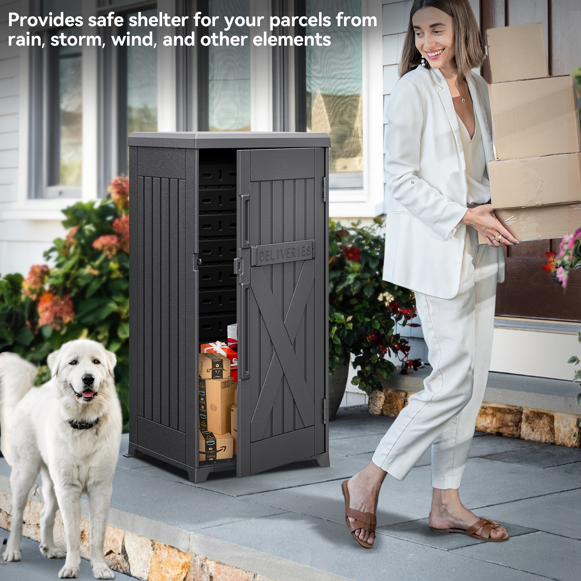 

Quoyad 60 Gallon Large Package Delivery And Storage Box With Lockable Secure, Double-wall Resin Outdoor Package Delivery And Waterproof Deck Box For Porch, Curbside, 8.5 Cubic Feet, Gray