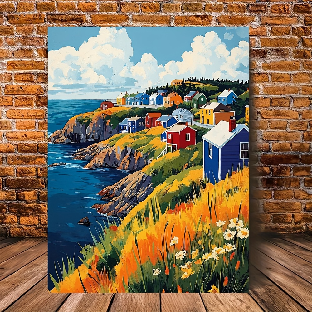 TEMU Impression d'art mural sur toile cadre - , Canada, paysage côtier - Maisons colorées vibrantes, falaises et fleurs , style Art Déco plat 2D