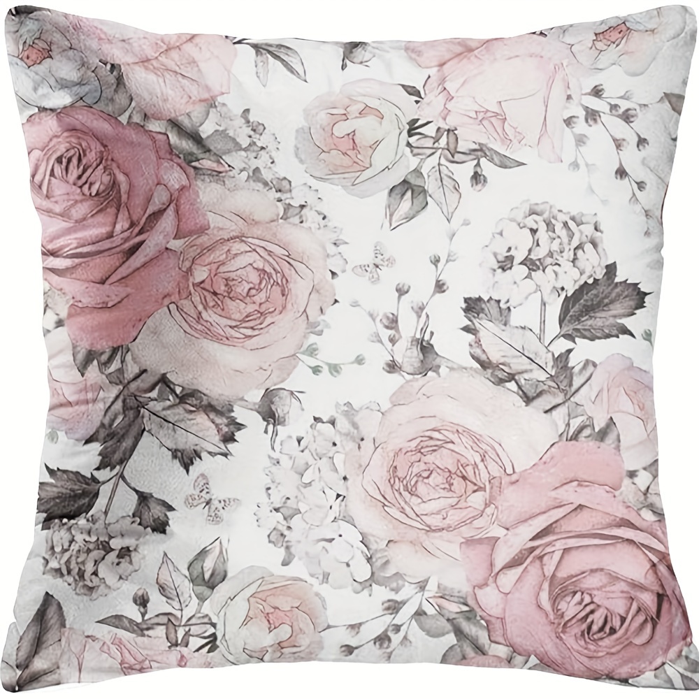 

1pc Throw Pillow Cover Gray Abstract With Pink Flowers And Leaves On White Watercolor Floral Pattern Rose In Pastel Color Decorative Pillow Case Home Decor (cushion Is Not Included) 18x18inch