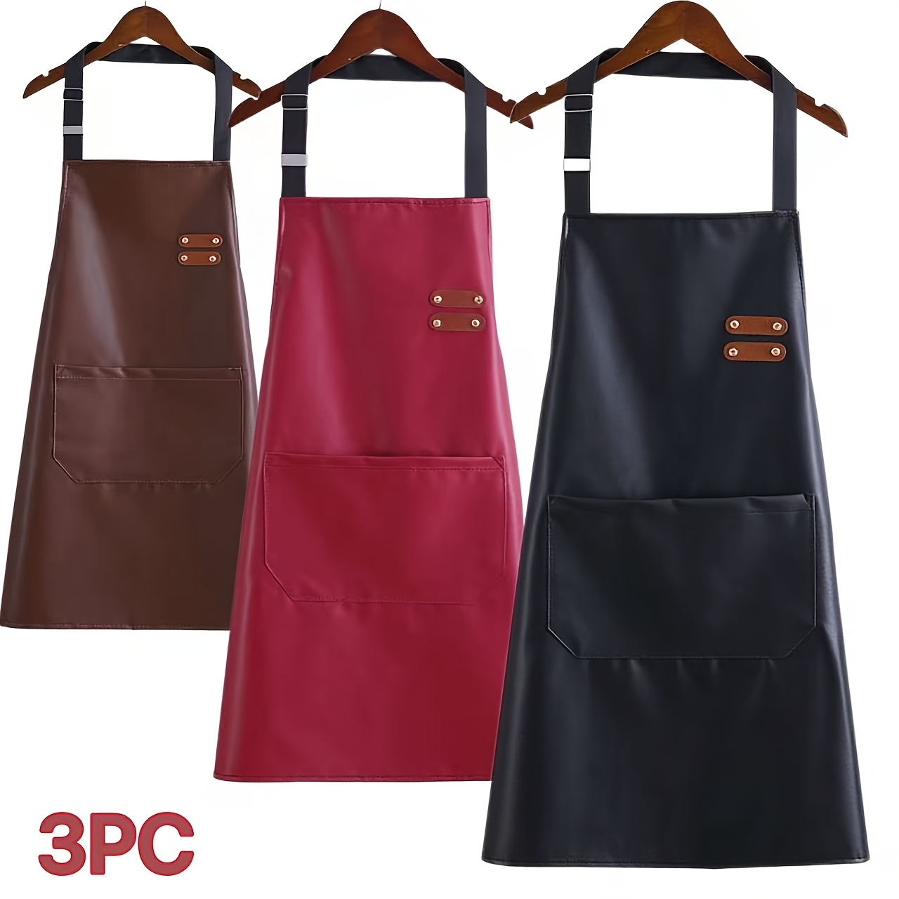 TEMU 3pcs Set Of 3pcs Different Colors Pu Material Wash-free Aprons, Adjustable Neckline, With Pockets For Home Kitchen Pet Shop Hair Salon Use