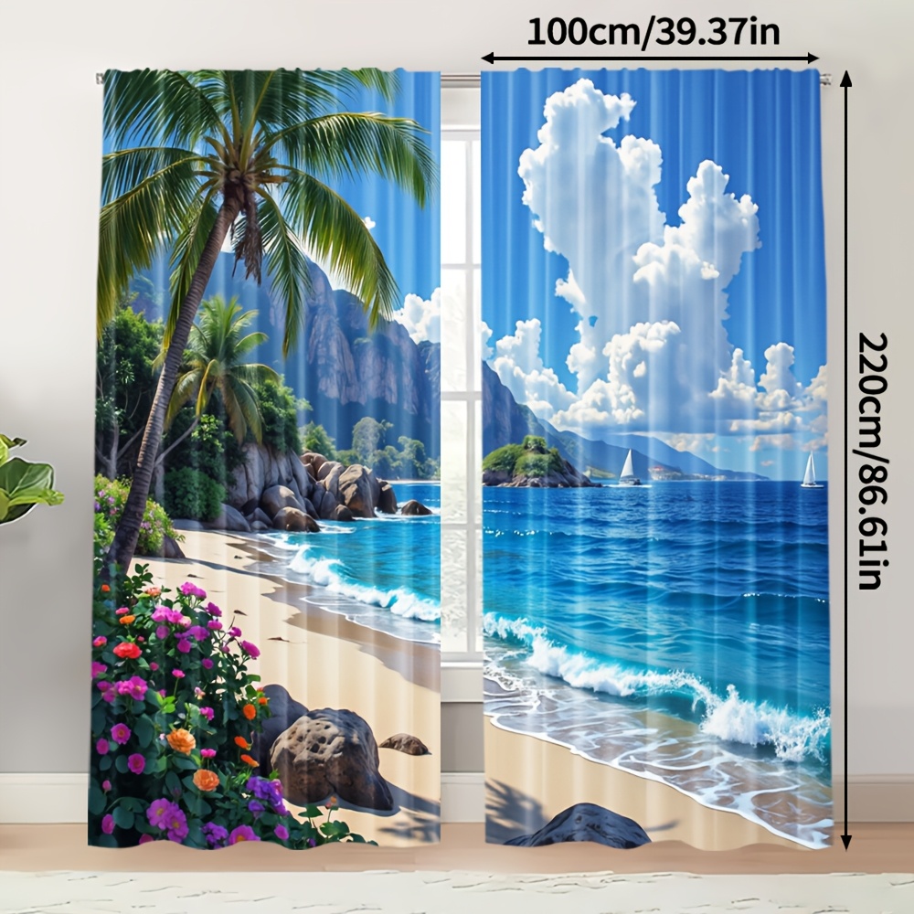 2pcs Seaside Beach Scene Blackout Curtains, 100% Polyester, Tree & Turquoise Ocean Print, Rod For Bedroom, Living…: retailer-supplied image