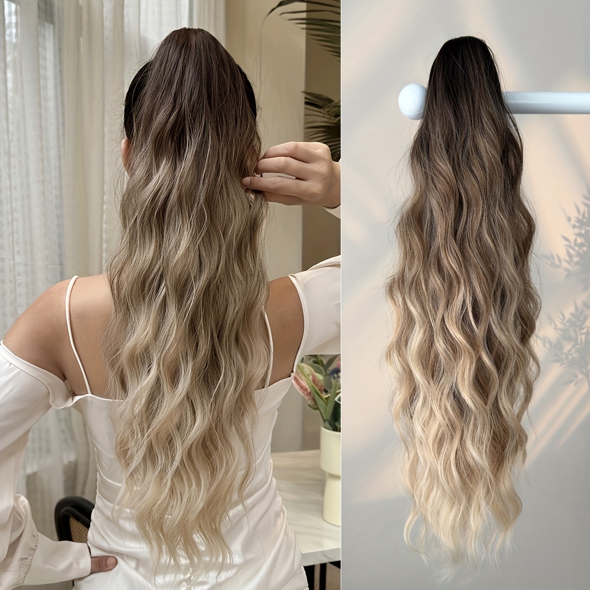 Image of Long Water Ponytail Extension Hair Ombre 24 Inch Heat Resistant Fiber Synthetic Ponytail Hairpiece For Women Used